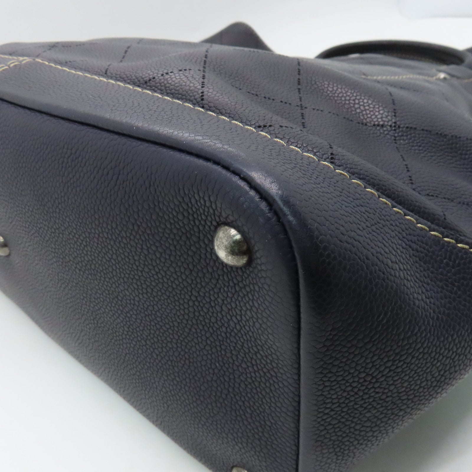 CHANEL Caviar leather Totebag silver buckle handle bag dark blue