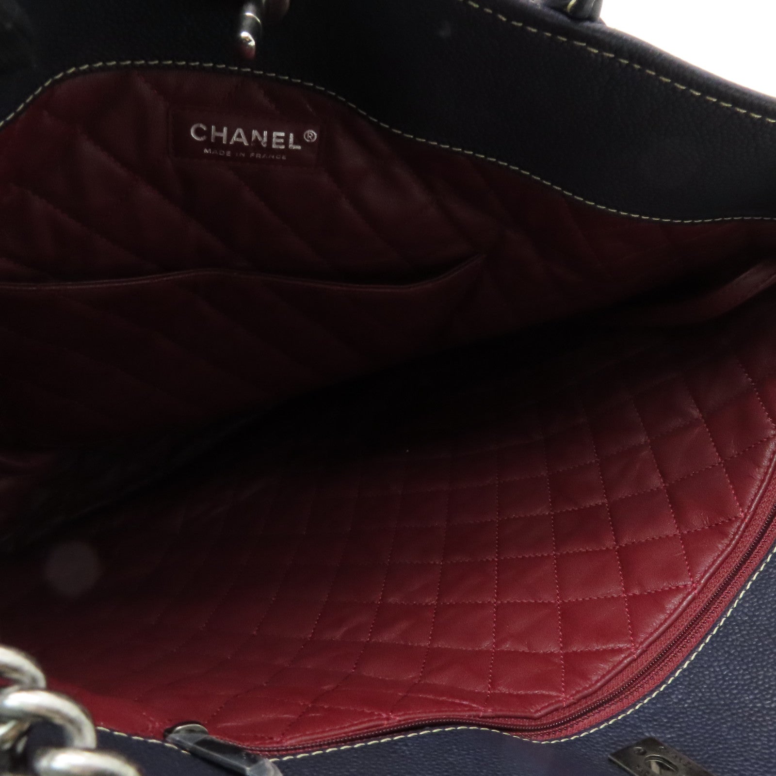 CHANEL Caviar leather Totebag silver buckle handle bag dark blue