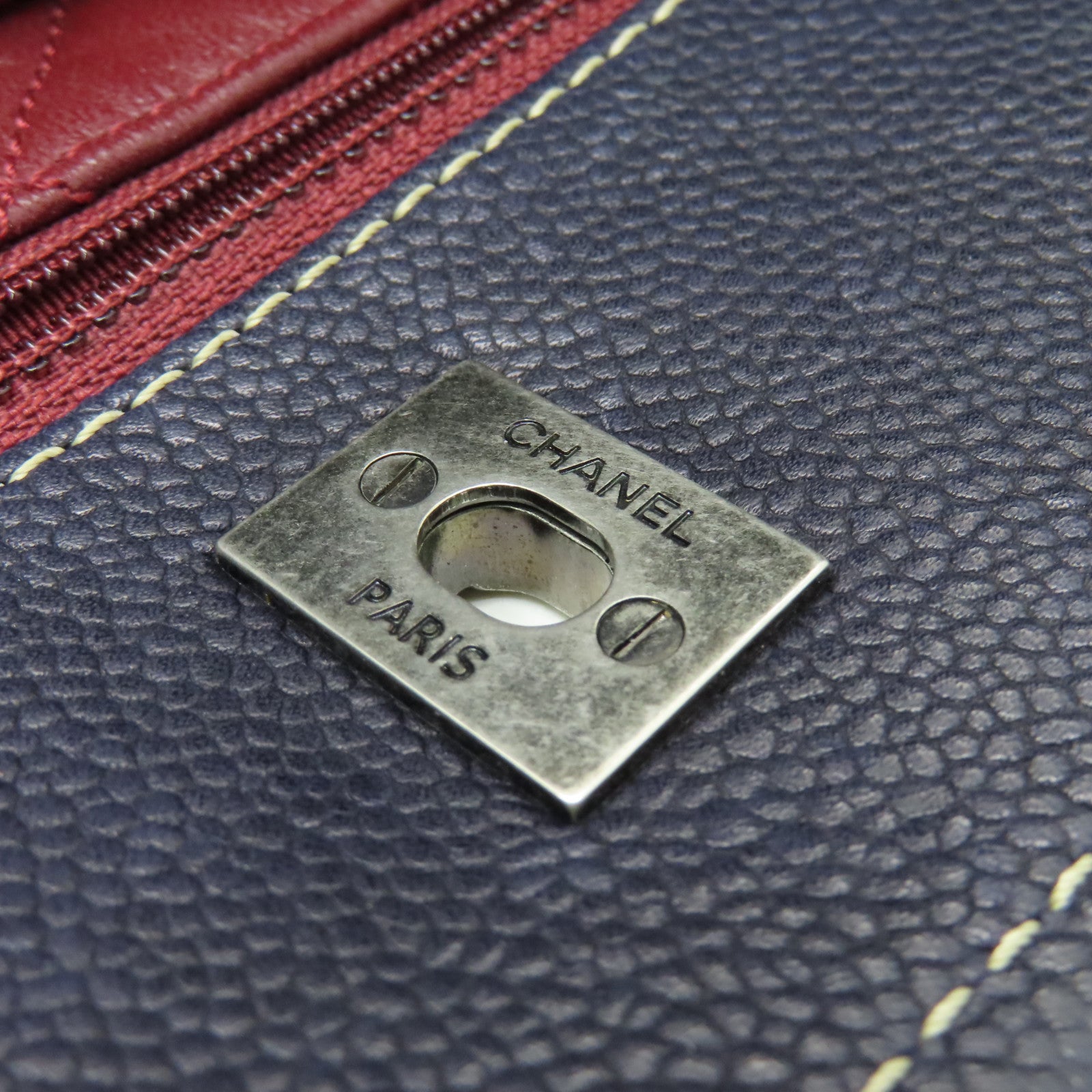 CHANEL Caviar leather Totebag silver buckle handle bag dark blue