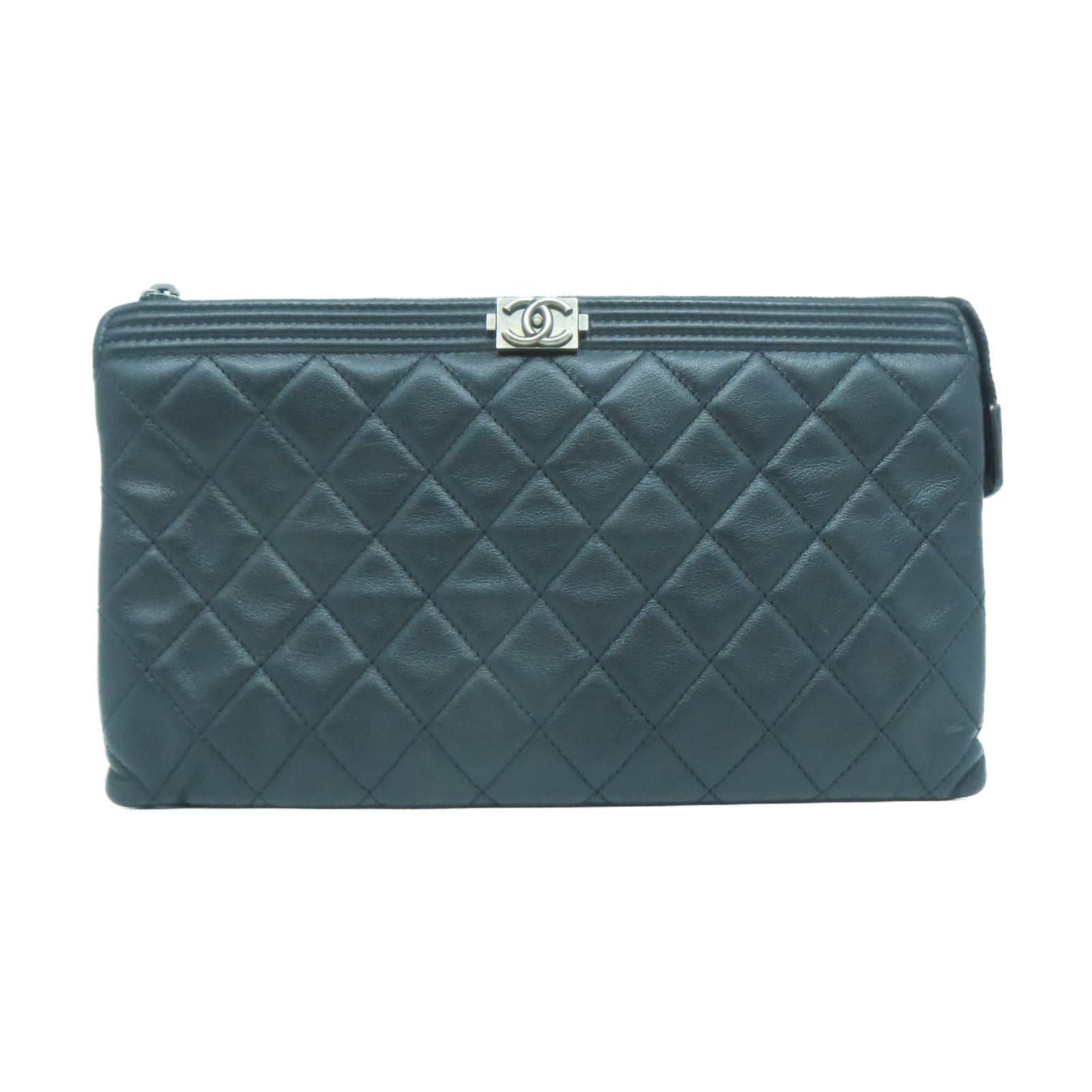 CHANEL 菱格羊皮皮革Boy Clutch Bag黑扣手拿包黑色
