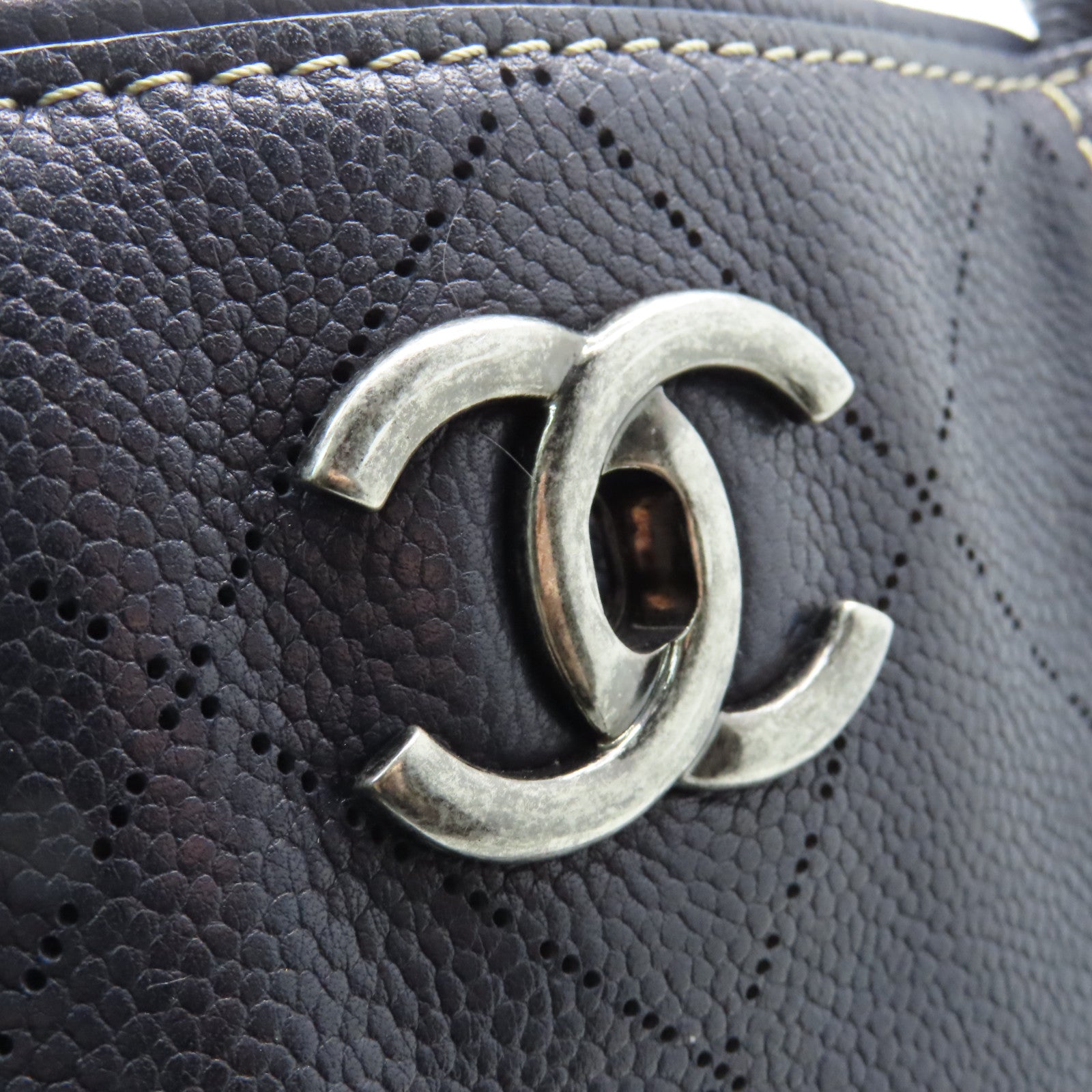 CHANEL Caviar leather Totebag silver buckle handle bag dark blue