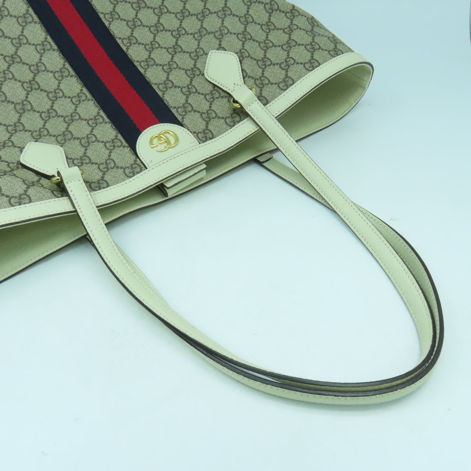 GUCCI 塗層帆布Ophidia Tote Bag金扣肩背袋白色/啡色
