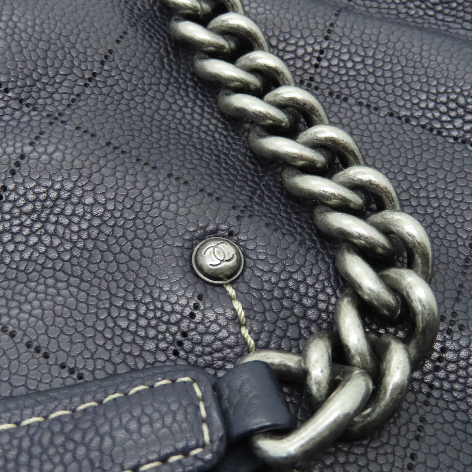 CHANEL Caviar leather Totebag silver buckle handle bag dark blue