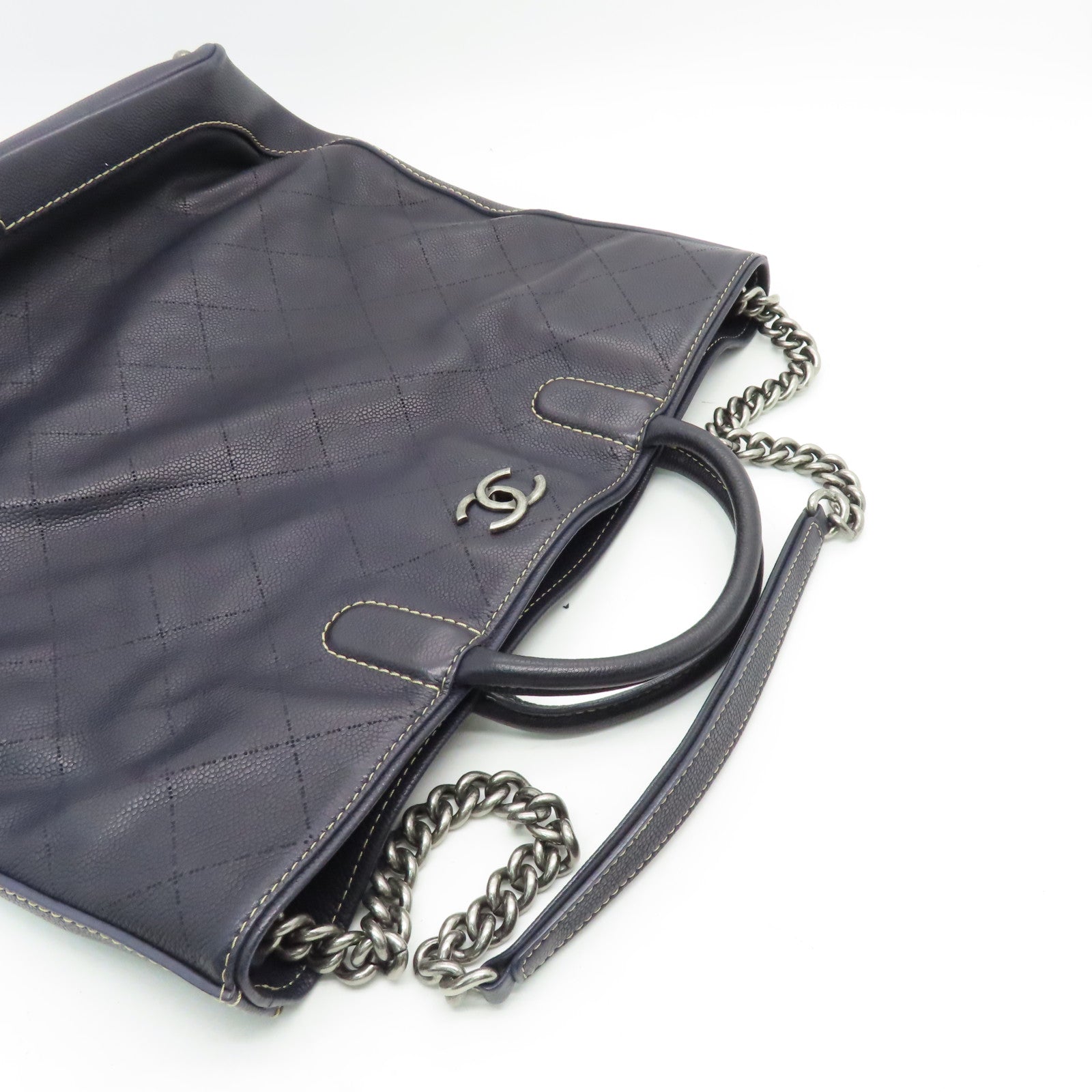 CHANEL Caviar leather Totebag silver buckle handle bag dark blue