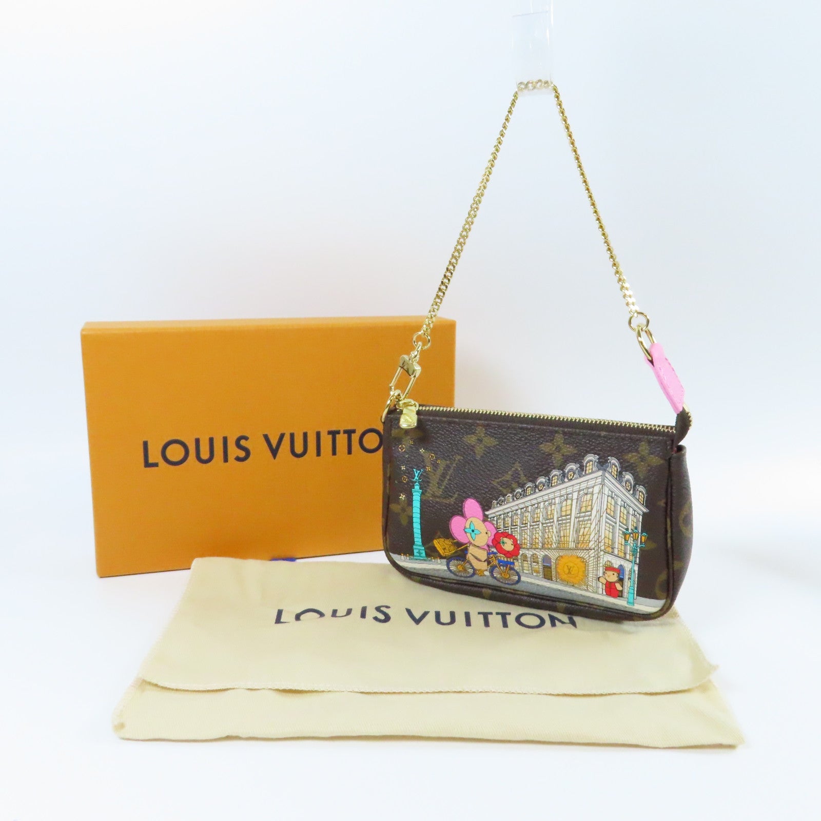 LOUIS VUITTON Monogram Mini Pochette Accessiores金扣手挽袋啡色/粉紅色