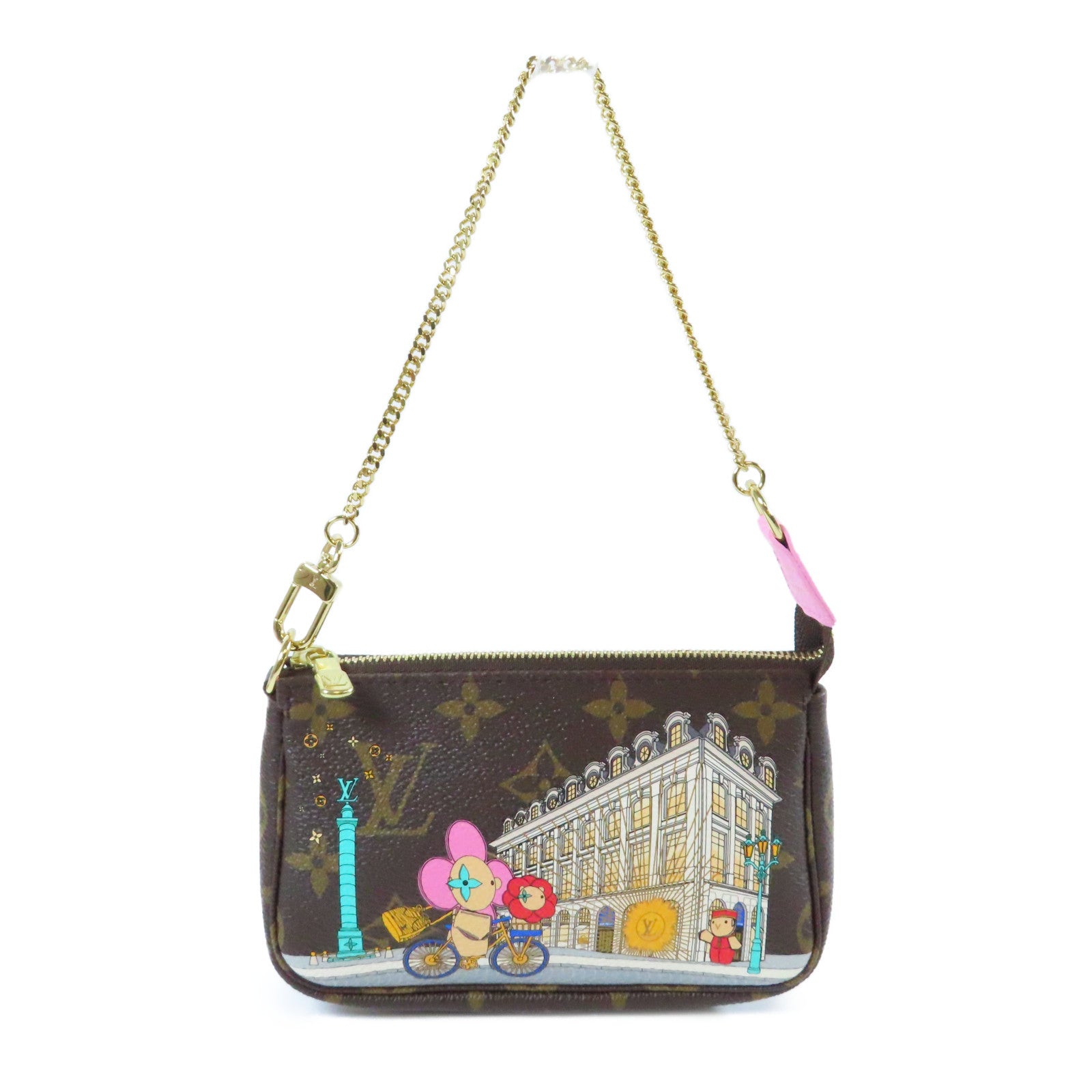 LOUIS VUITTON Monogram Mini Pochette Accessiores金扣手挽袋啡色/粉紅色