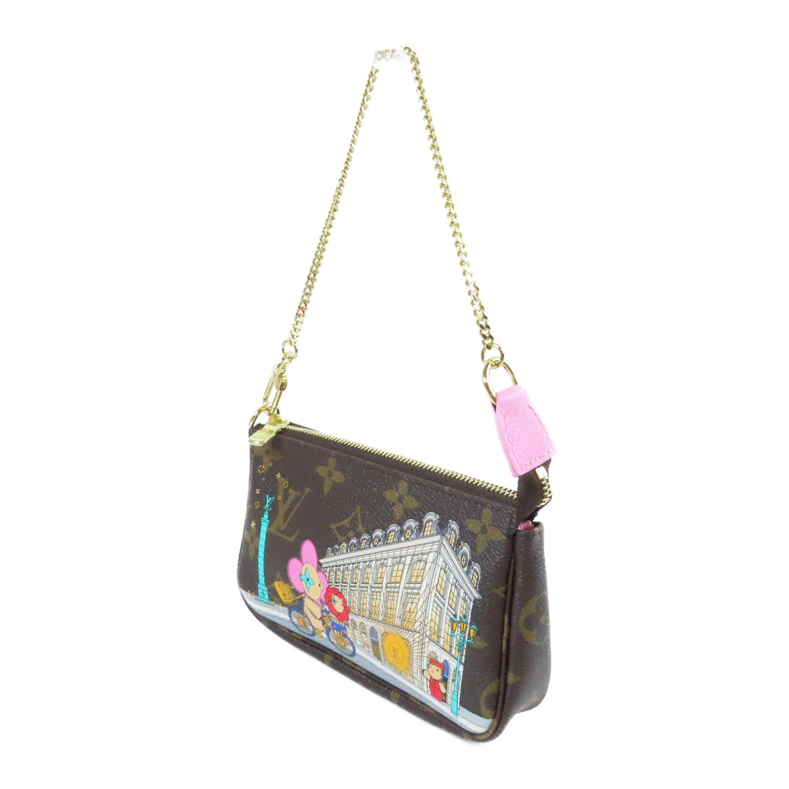 LOUIS VUITTON Monogram Mini Pochette Accessiores金扣手挽袋啡色/粉紅色