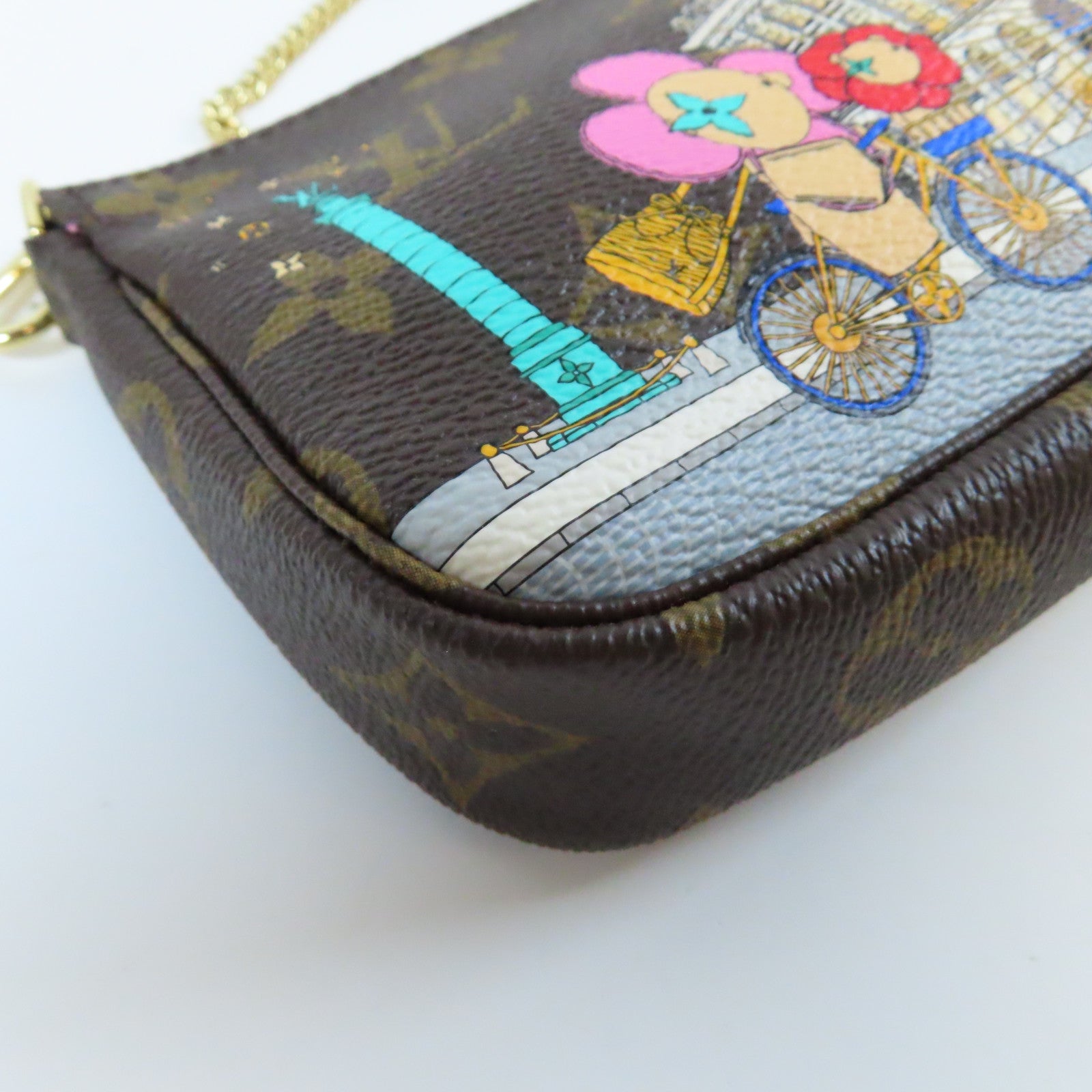 LOUIS VUITTON Monogram Mini Pochette Accessiores金扣手挽袋啡色/粉紅色