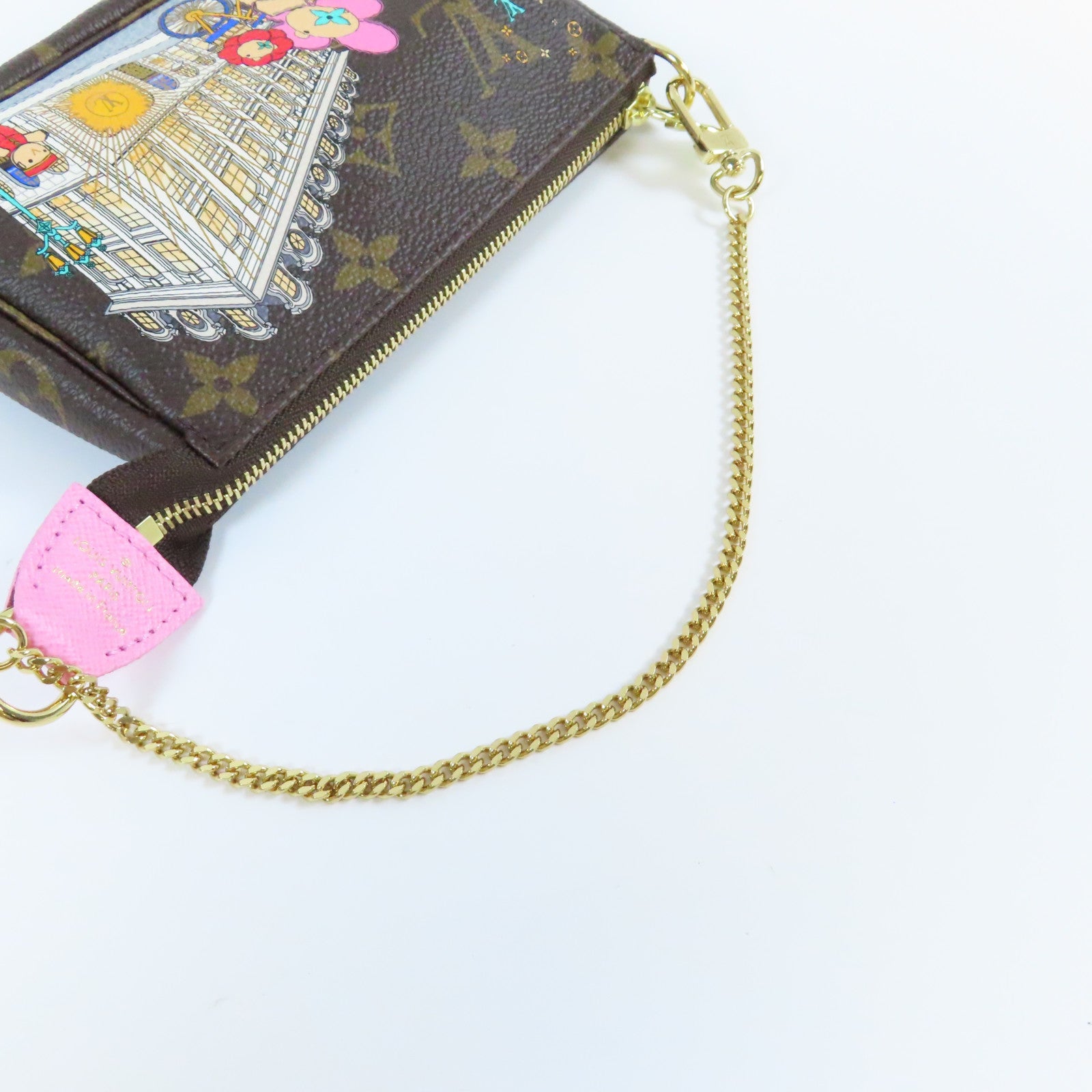 LOUIS VUITTON Monogram Mini Pochette Accessiores金扣手挽袋啡色/粉紅色