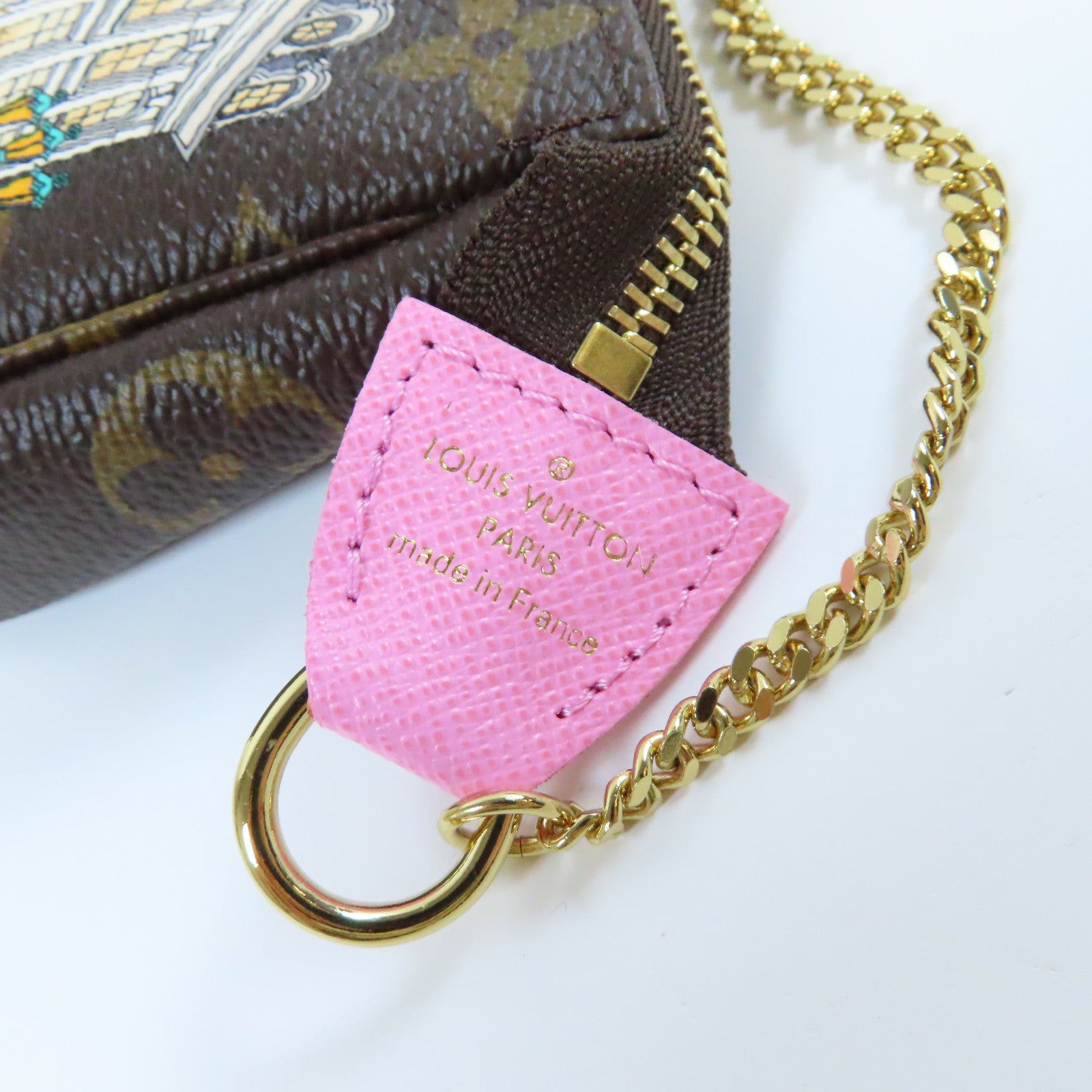 LOUIS VUITTON Monogram Mini Pochette Accessiores金扣手挽袋啡色/粉紅色