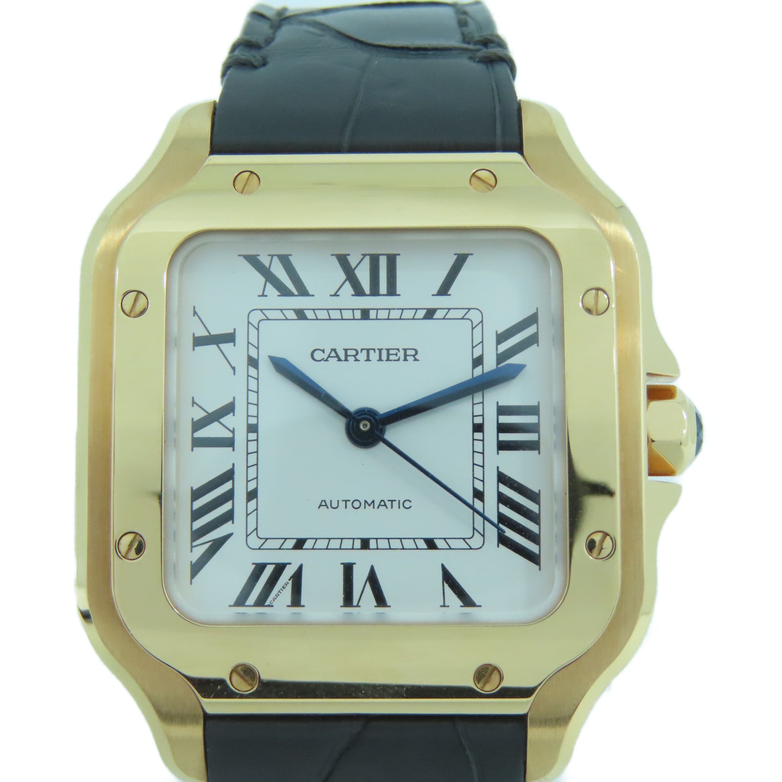 CARTIER 18K玫瑰金/皮革Santos De手錶白色#15cm