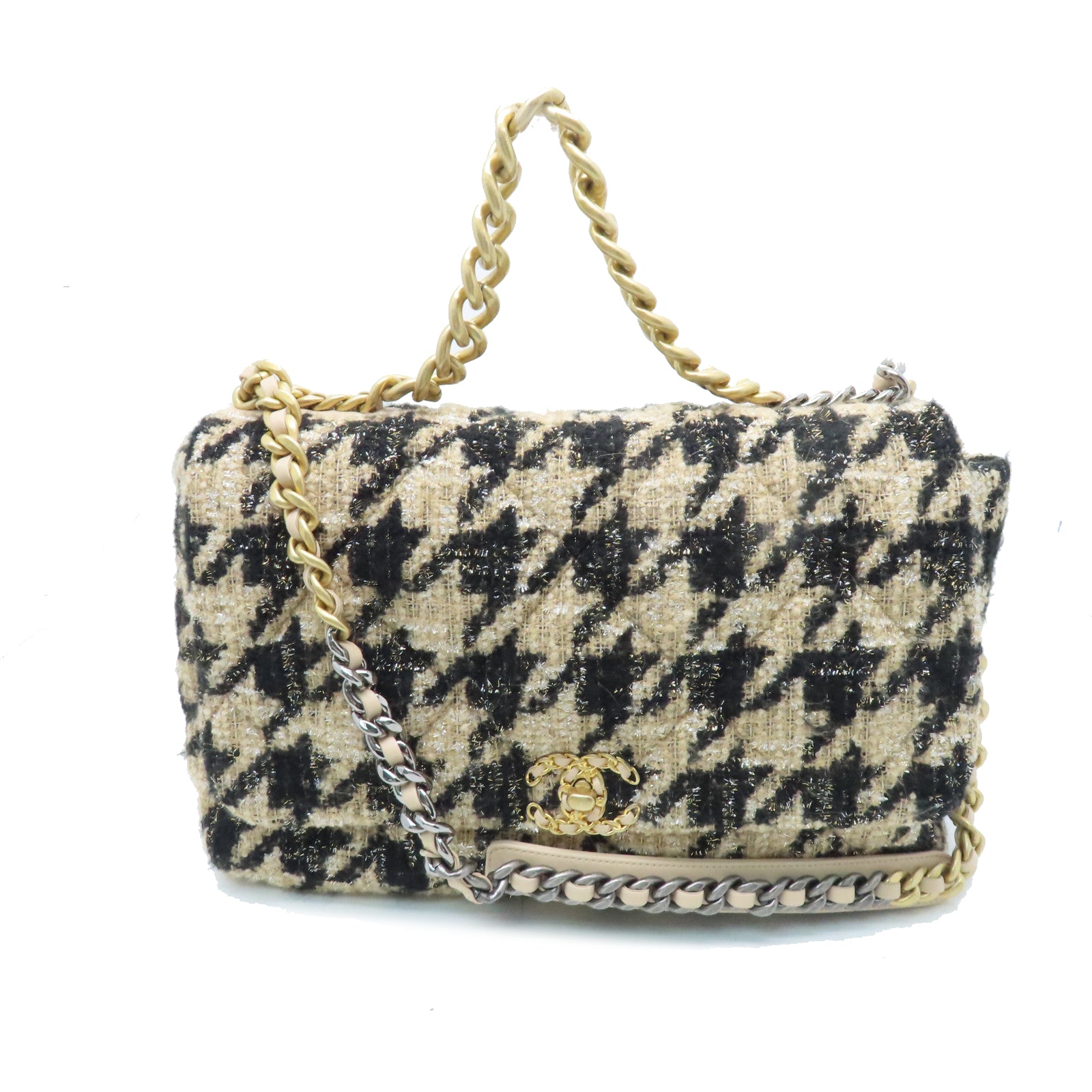 CHANEL rhombic tweed Maxi 19 gold and silver buckle chain shoulder bag black beige