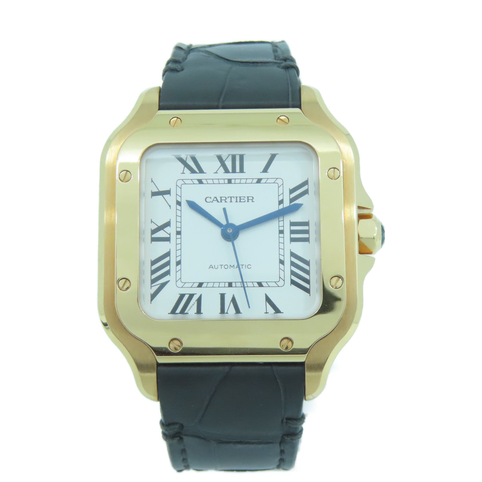 CARTIER 18K玫瑰金/皮革Santos De手錶白色#15cm