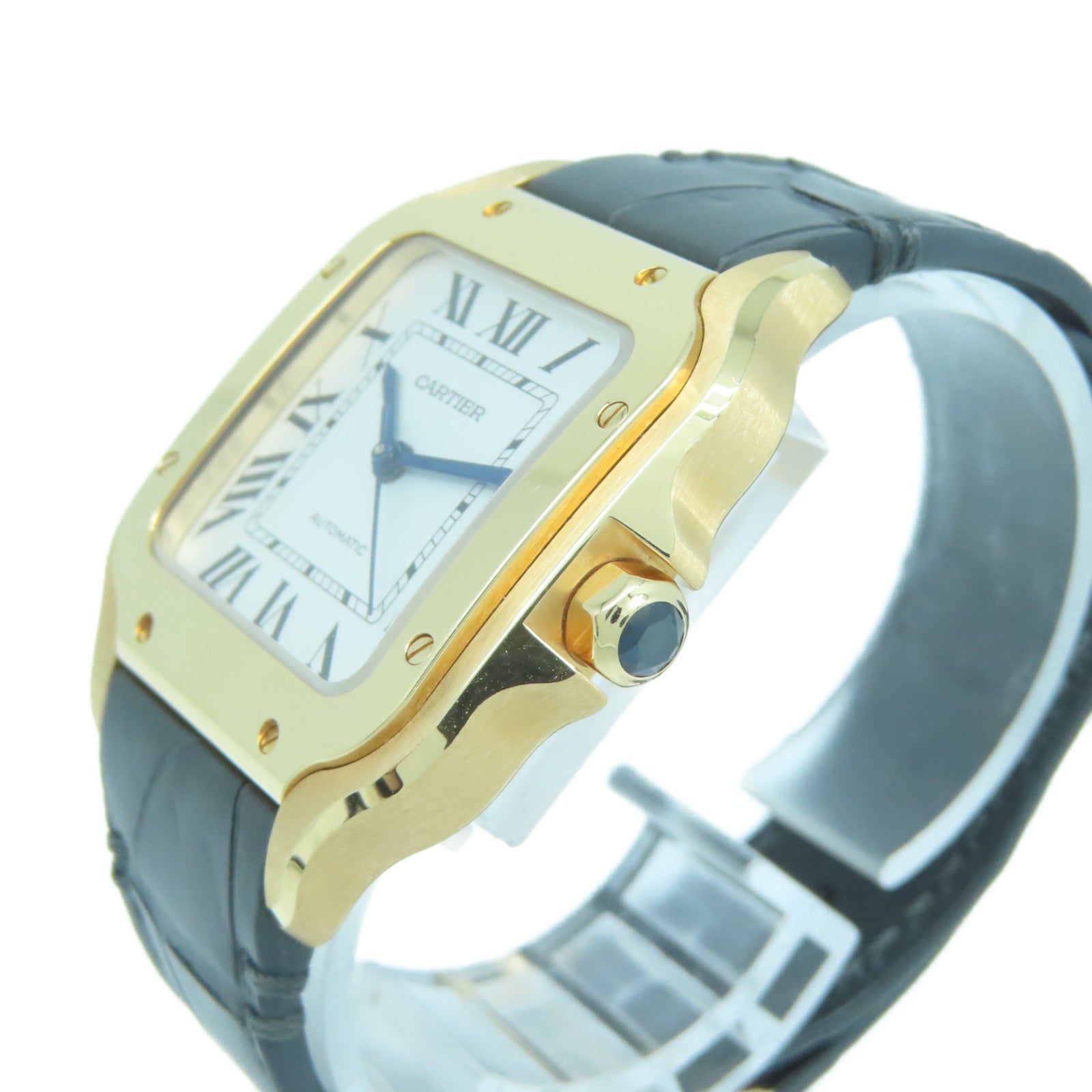 CARTIER 18K玫瑰金/皮革Santos De手錶白色#15cm