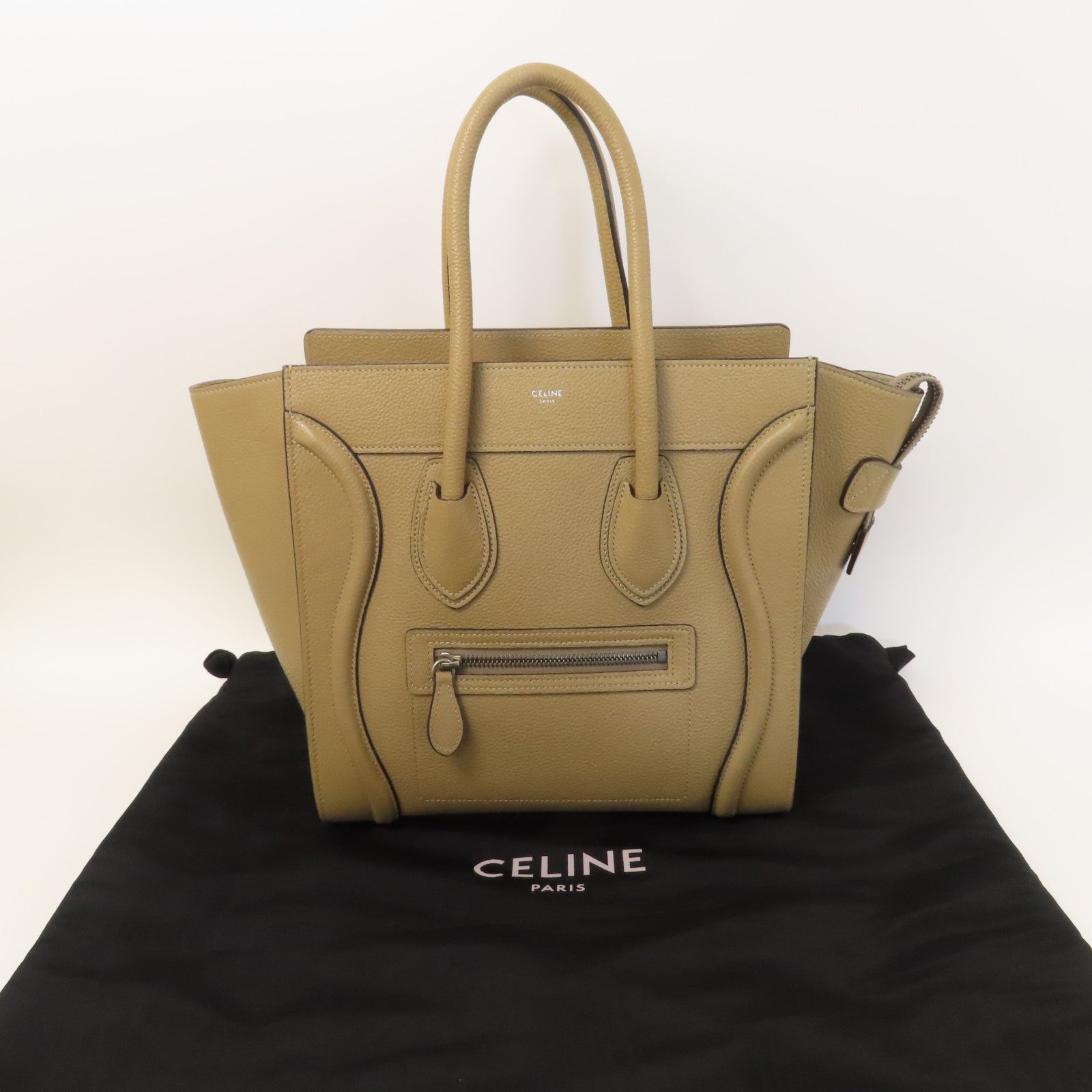 CELINE 牛皮皮革Micro Luggage銀扣手挽袋沙丘灰褐色