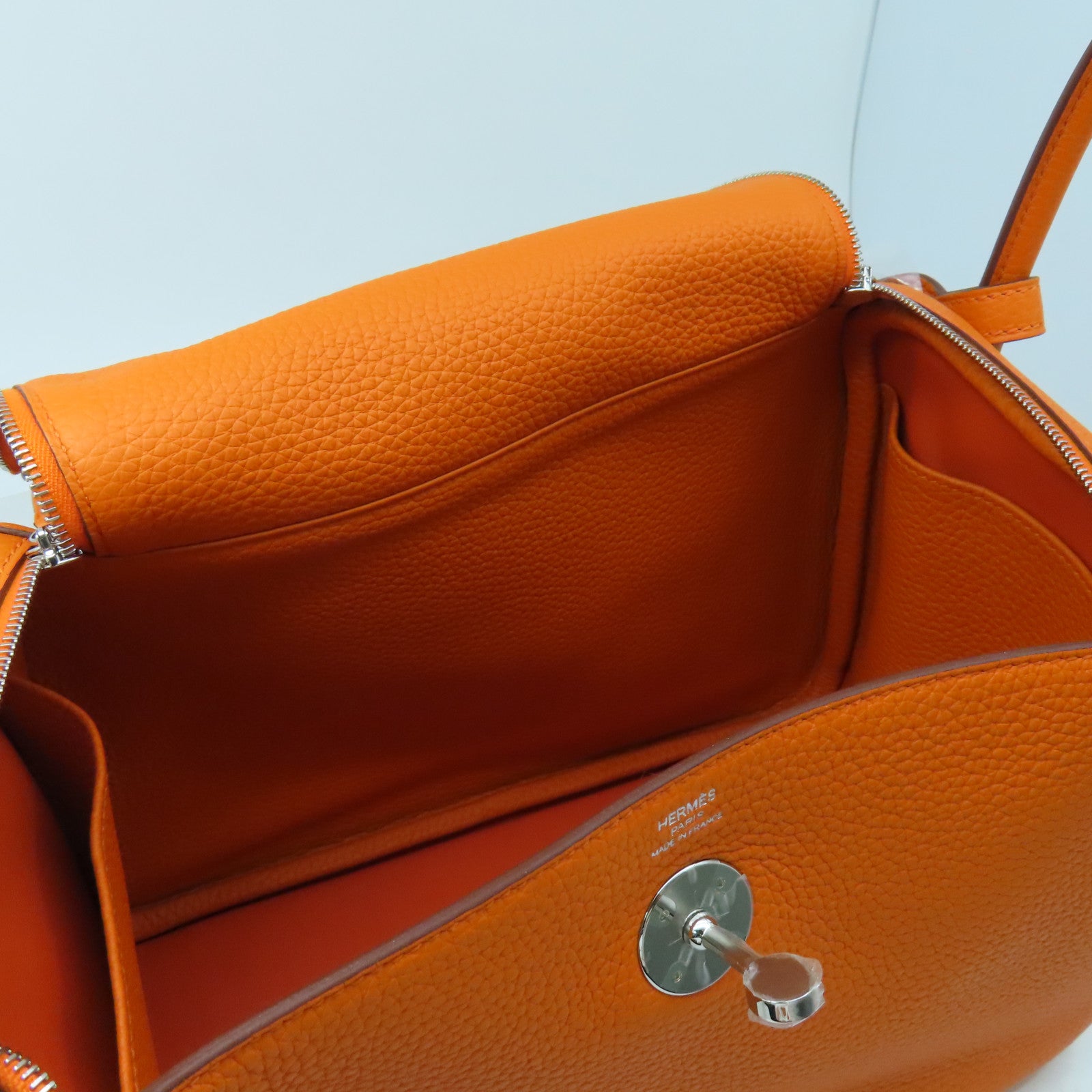HERMES Clemence Leather Lindy 26 Silver Buckle Handle Shoulder Bag Orange