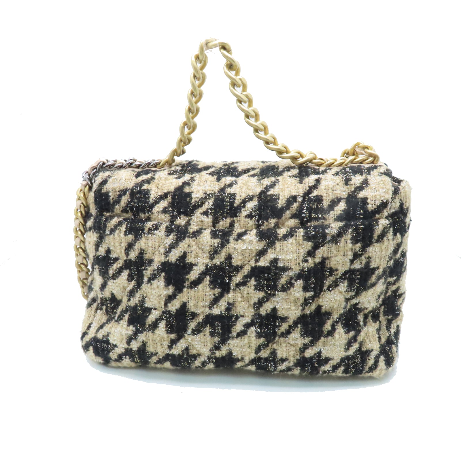 CHANEL rhombic tweed Maxi 19 gold and silver buckle chain shoulder bag black beige