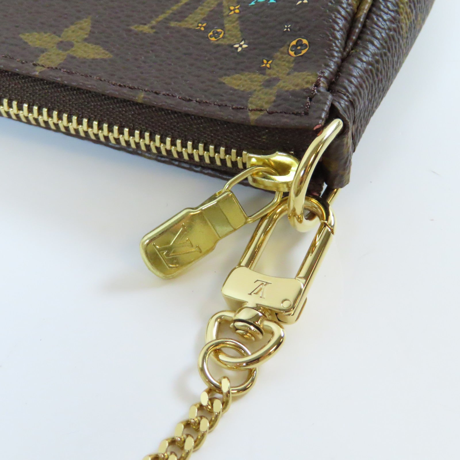 LOUIS VUITTON Monogram Mini Pochette Accessiores金扣手挽袋啡色/粉紅色