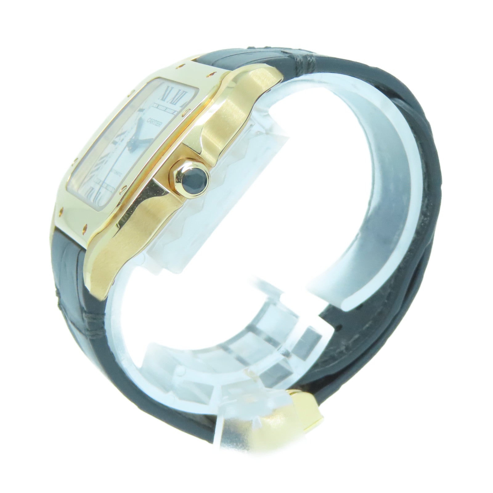 CARTIER 18K玫瑰金/皮革Santos De手錶白色#15cm