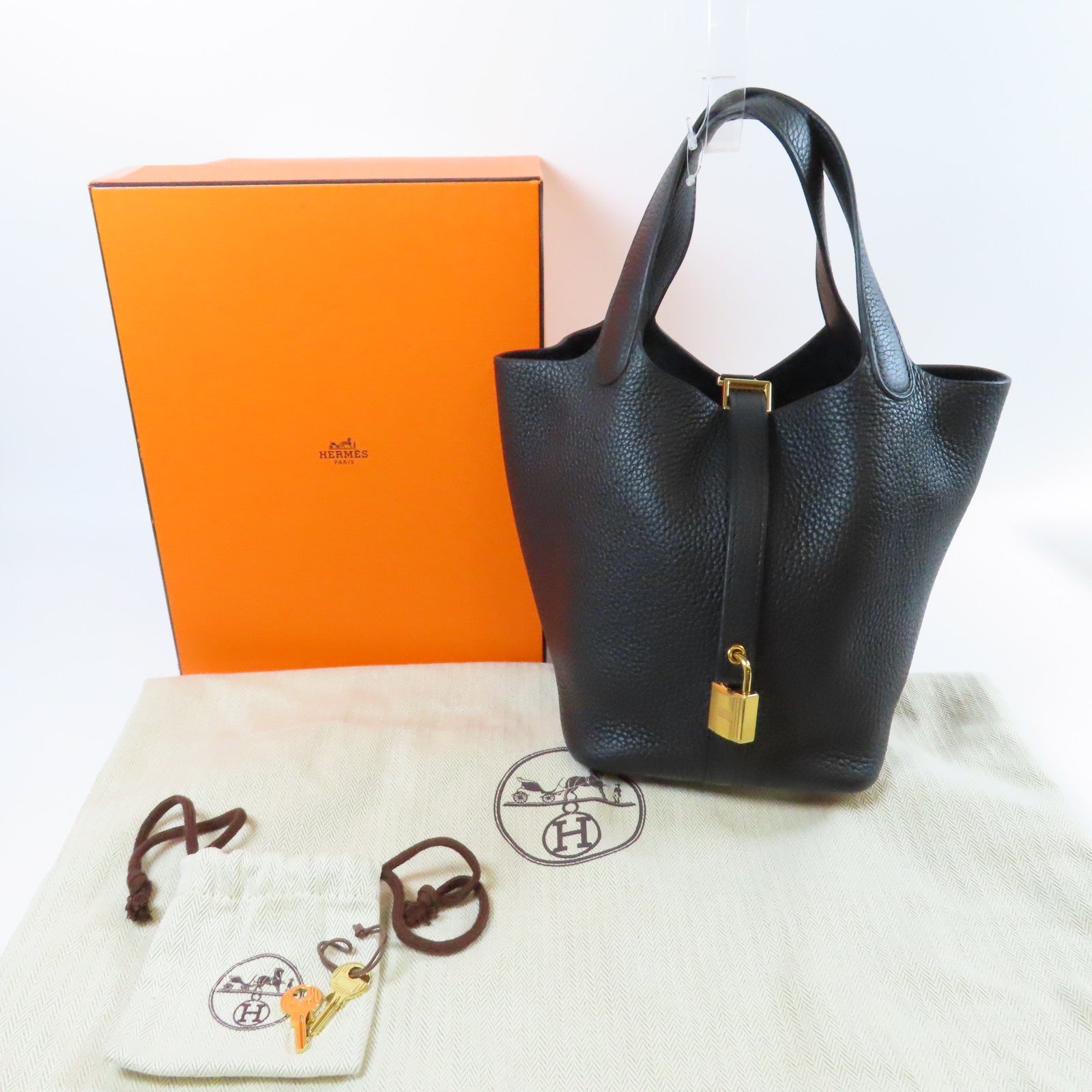 HERMES Clemence皮革Picotin PM金扣手挽袋Noir黑色
