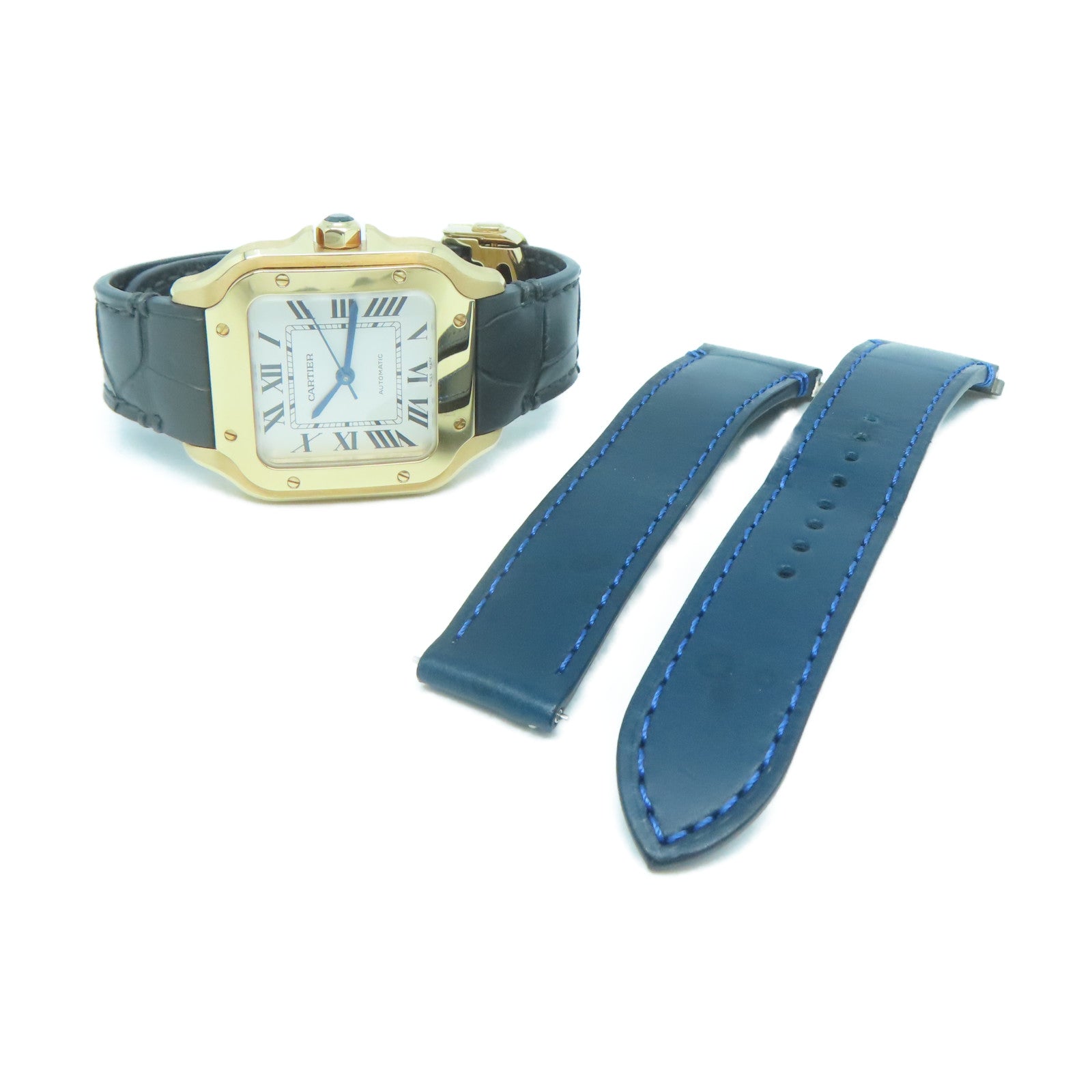 CARTIER 18K玫瑰金/皮革Santos De手錶白色#15cm