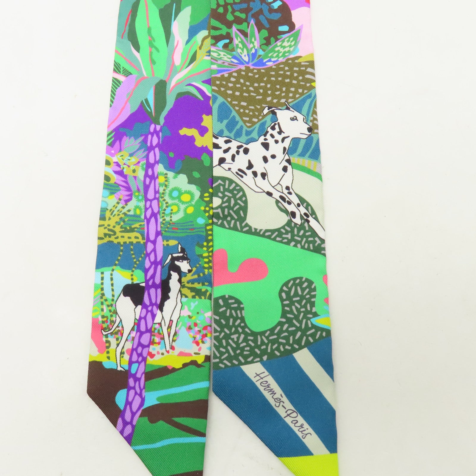 HERMES 絲質Twilly絲巾綠色/紫色
