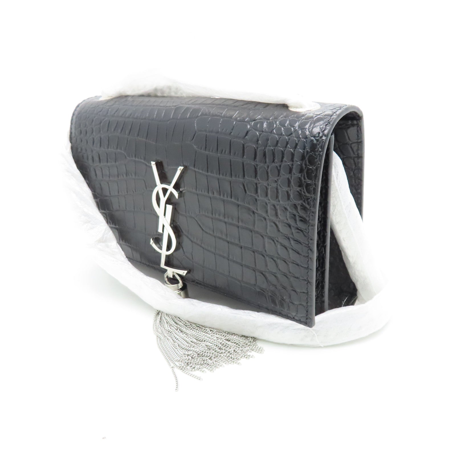 YVES SAINT LAURENT Calf Leather Kate Small Chain Bag Silver Buckle Chain Strap Shoulder Bag Black