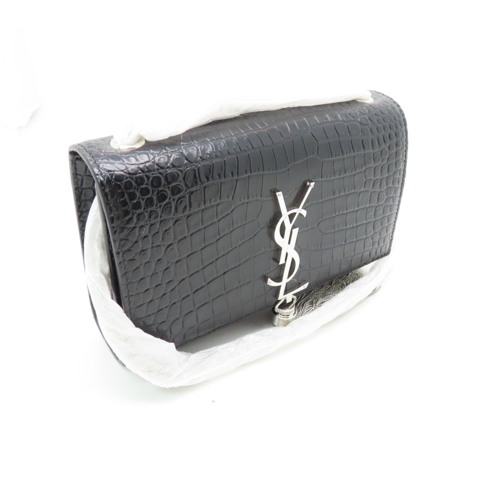 YVES SAINT LAURENT Calf Leather Kate Small Chain Bag Silver Buckle Chain Strap Shoulder Bag Black