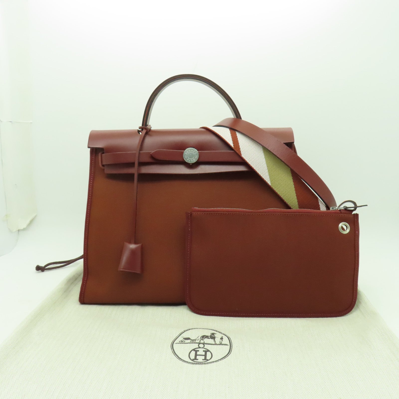 HERMES 帆布Herbag PM銀扣手挽肩背兩用袋愛馬仕紅色