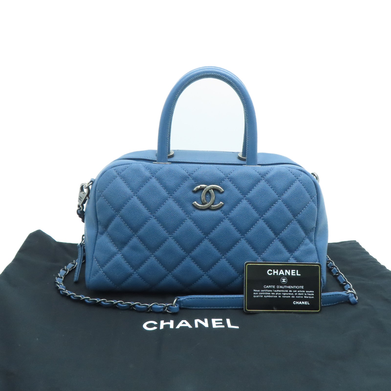 CHANEL 【激减优惠】菱格Caivar皮革2 Way Shoulder银扣手挽肩背两用袋蓝色