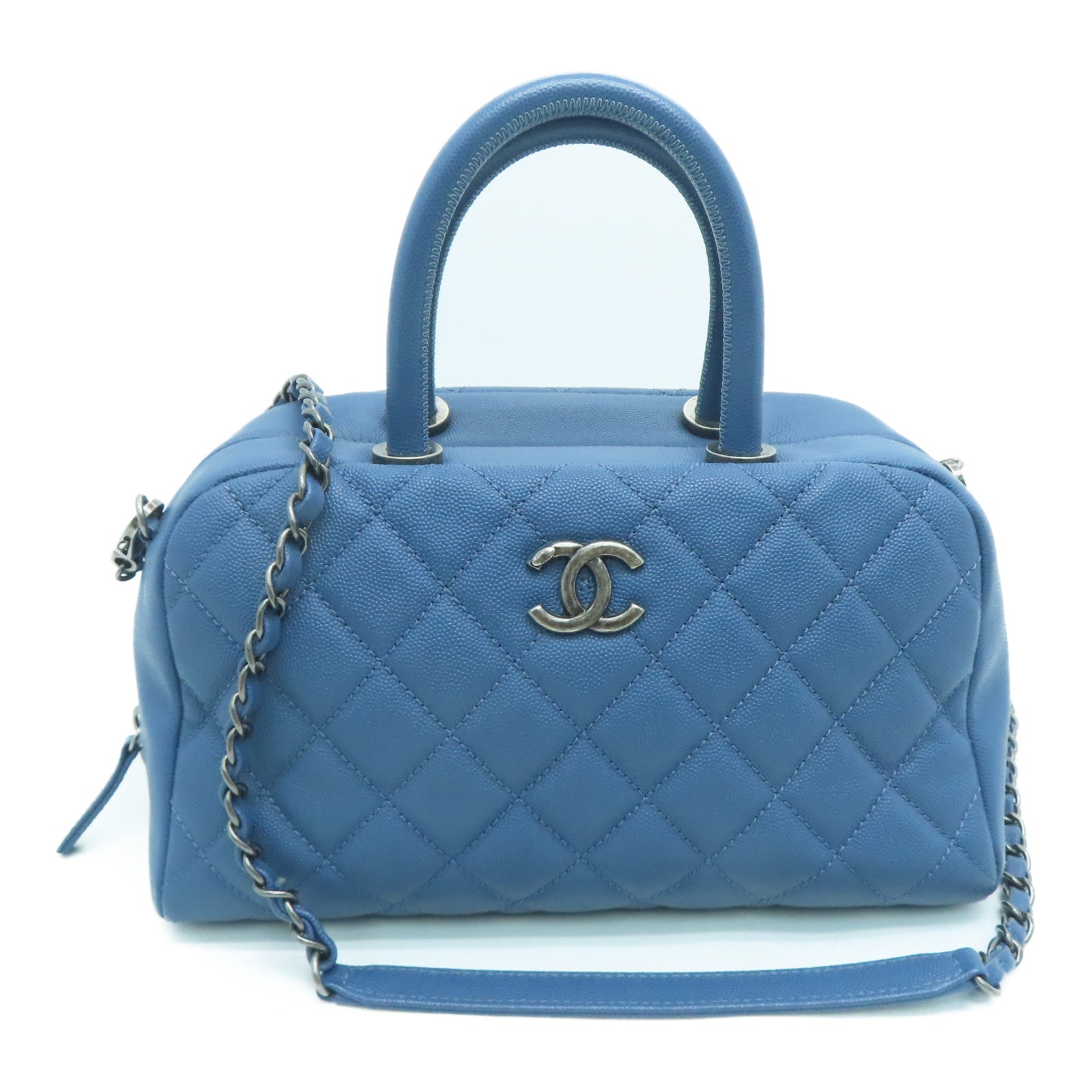 CHANEL 【激减优惠】菱格Caivar皮革2 Way Shoulder银扣手挽肩背两用袋蓝色