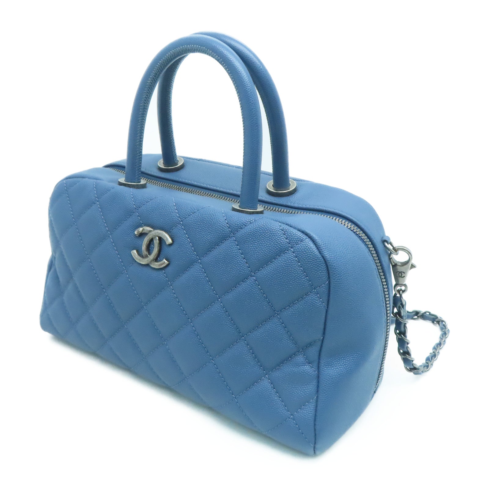 CHANEL 【激减优惠】菱格Caivar皮革2 Way Shoulder银扣手挽肩背两用袋蓝色