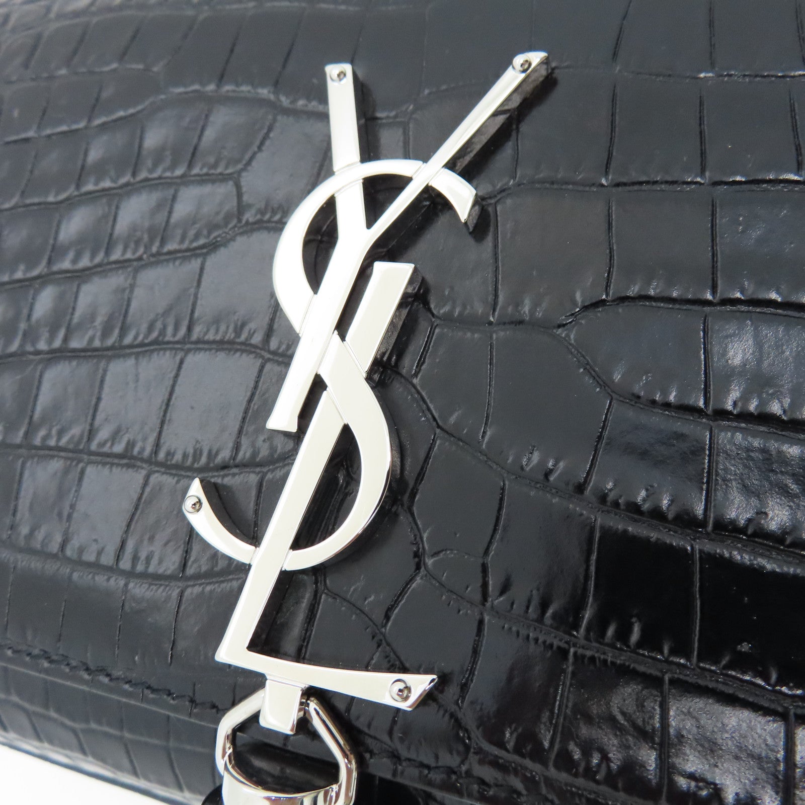 YVES SAINT LAURENT Calf Leather Kate Small Chain Bag Silver Buckle Chain Strap Shoulder Bag Black