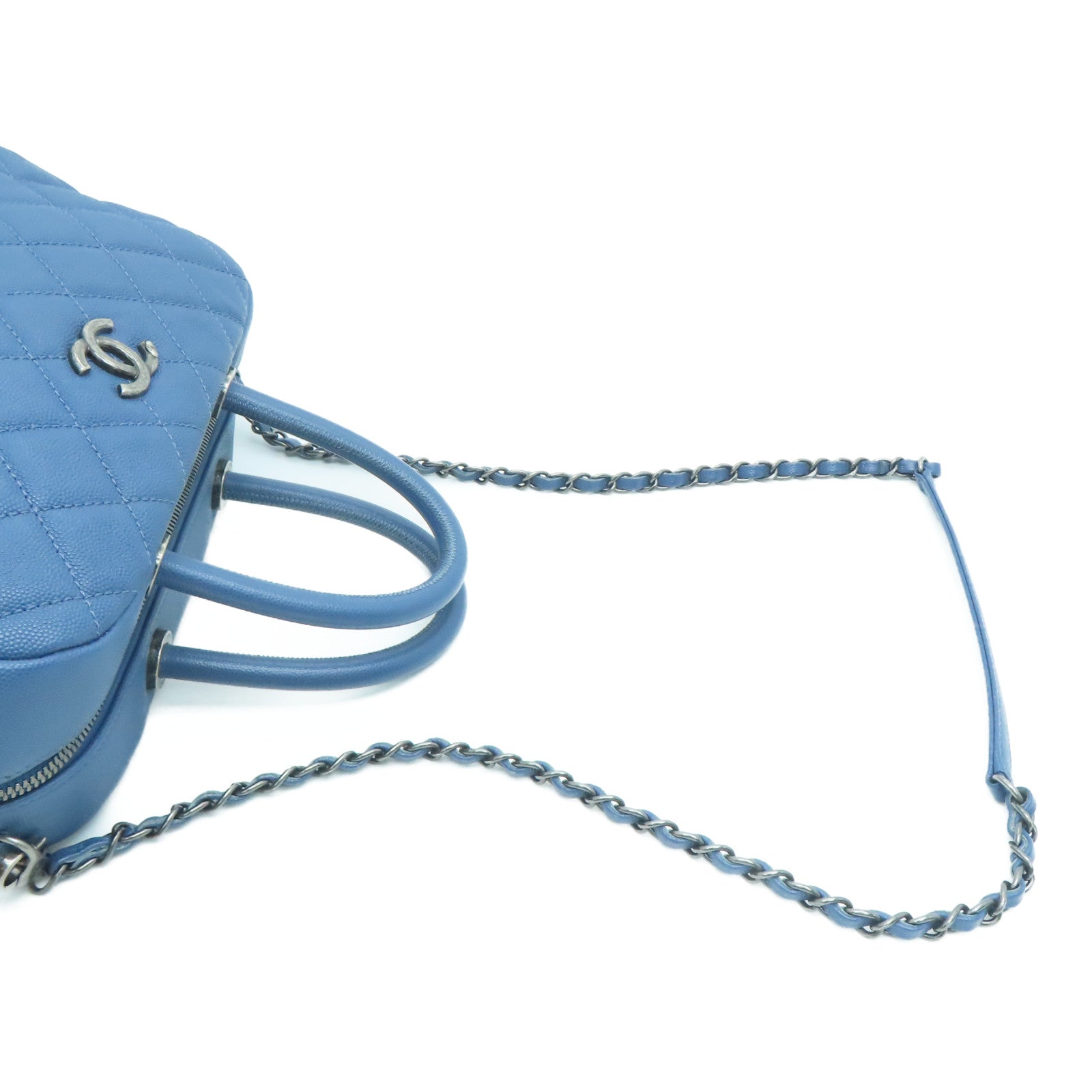CHANEL 【激减优惠】菱格Caivar皮革2 Way Shoulder银扣手挽肩背两用袋蓝色