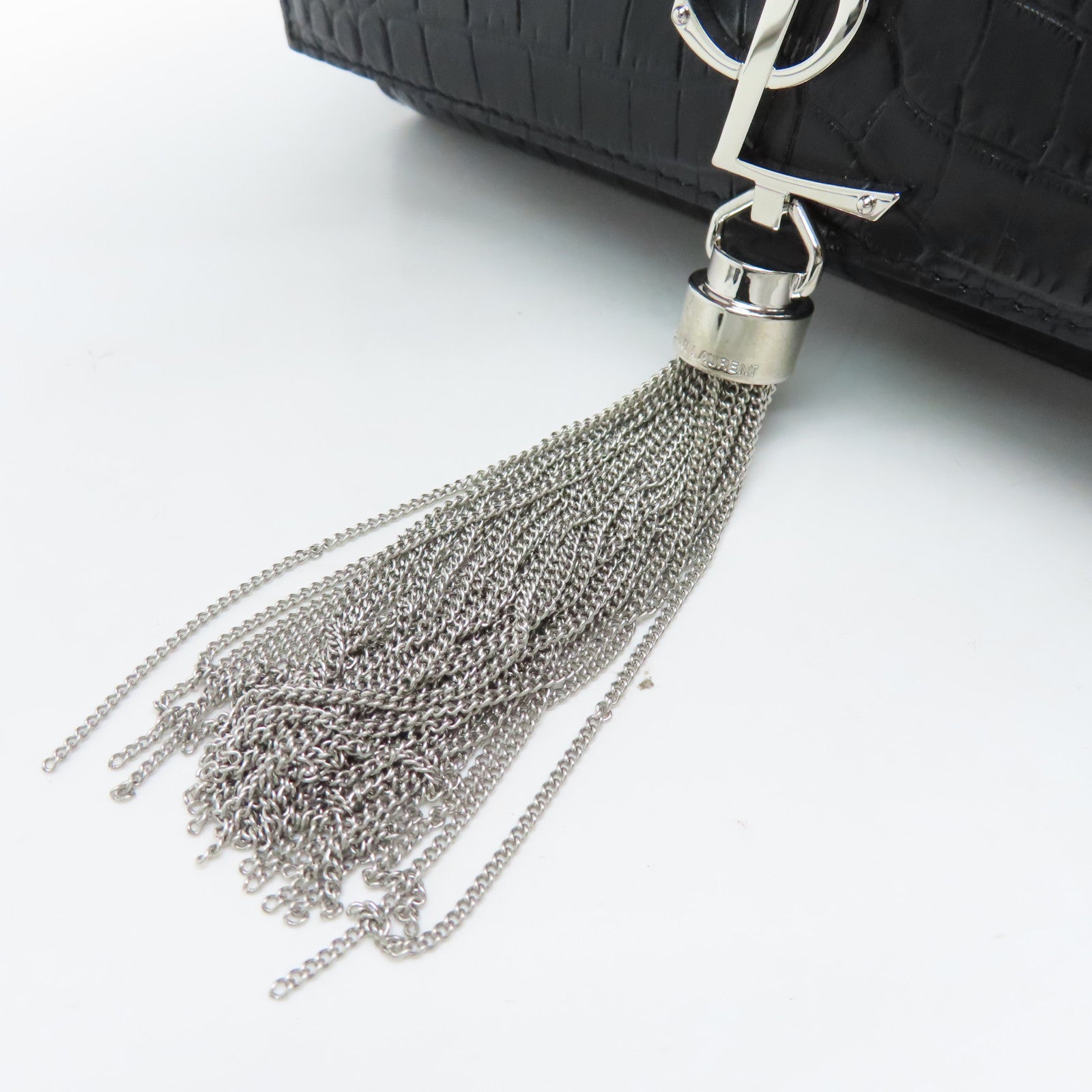 YVES SAINT LAURENT Calf Leather Kate Small Chain Bag Silver Buckle Chain Strap Shoulder Bag Black