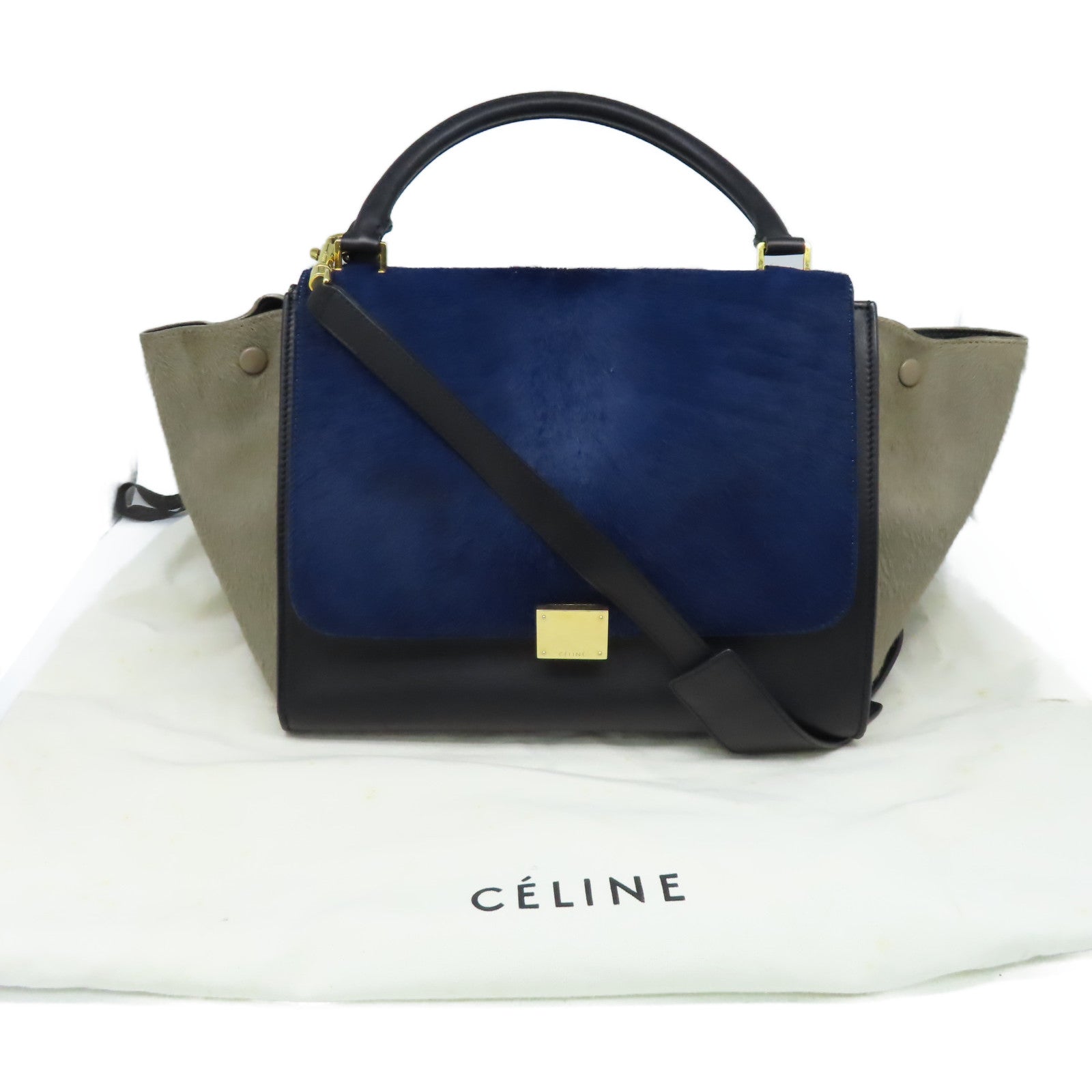 CELINE 馬毛/牛皮皮革Trapeze 2Way Shoulder Bag金扣手挽肩背兩用袋黑色/深藍色/灰色