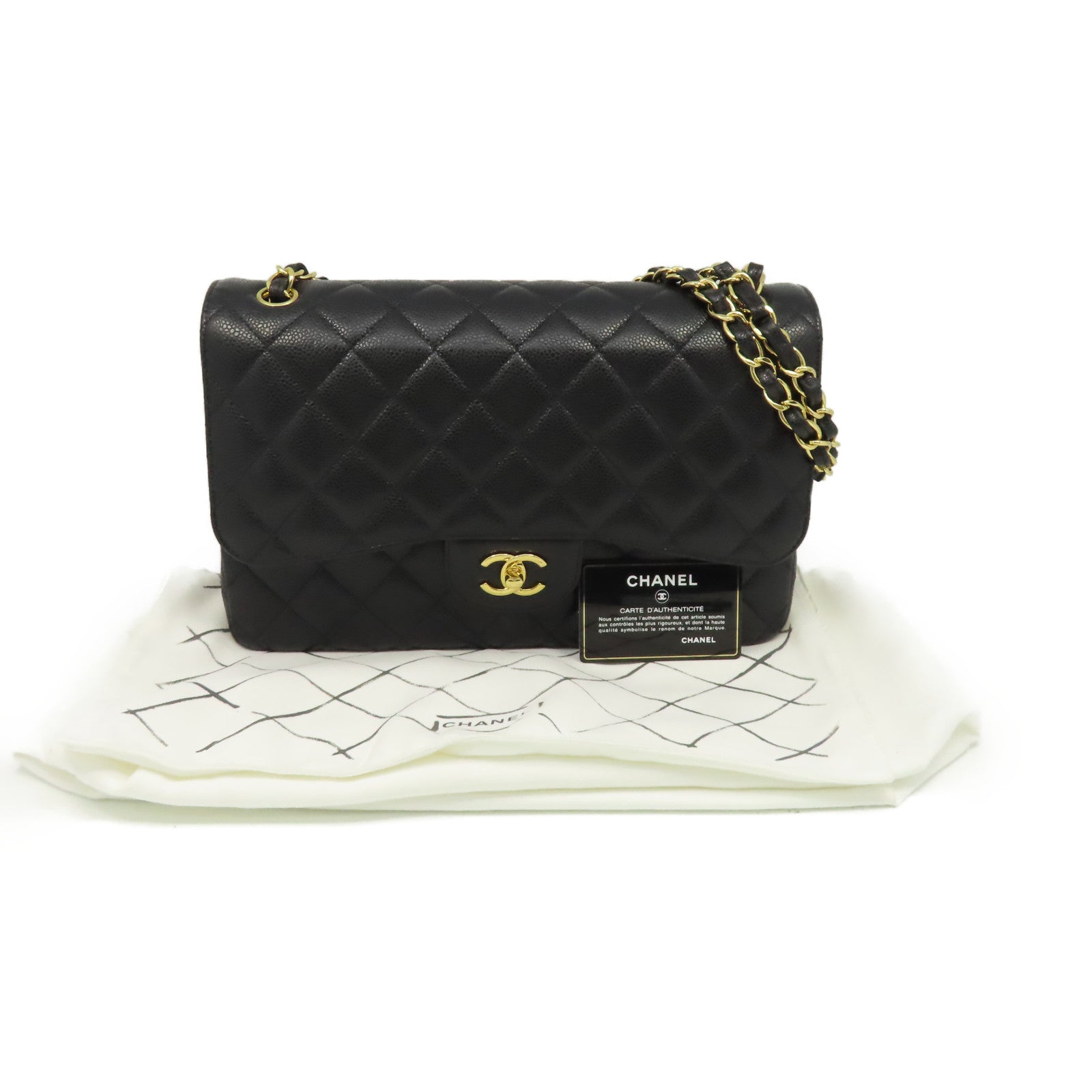 CHANEL 菱格Caviar皮革Jumbo Shoulder Bag金扣鏈帶肩背袋黑色