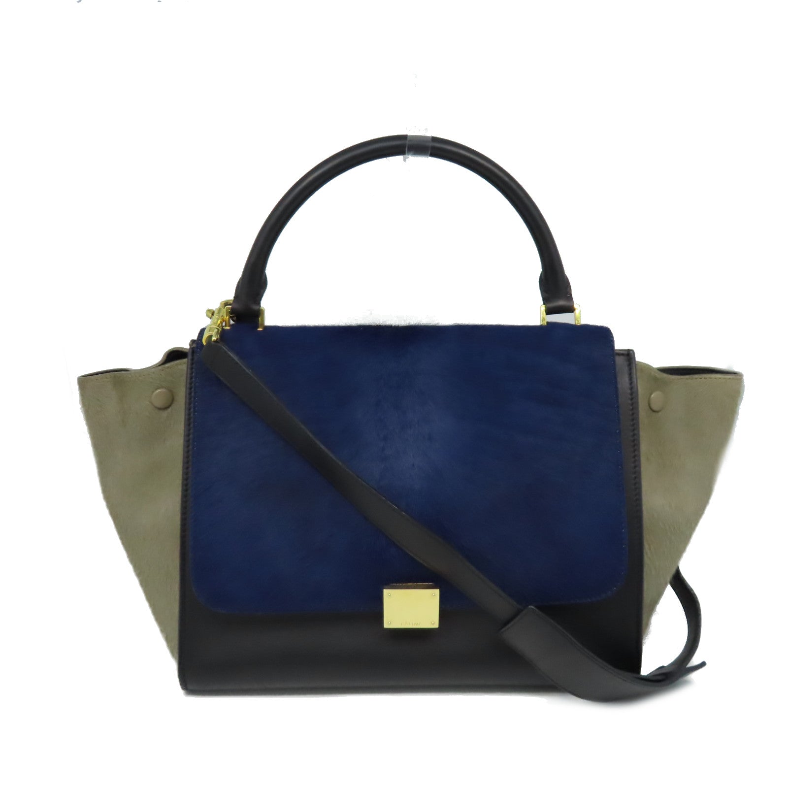 CELINE 馬毛/牛皮皮革Trapeze 2Way Shoulder Bag金扣手挽肩背兩用袋黑色/深藍色/灰色