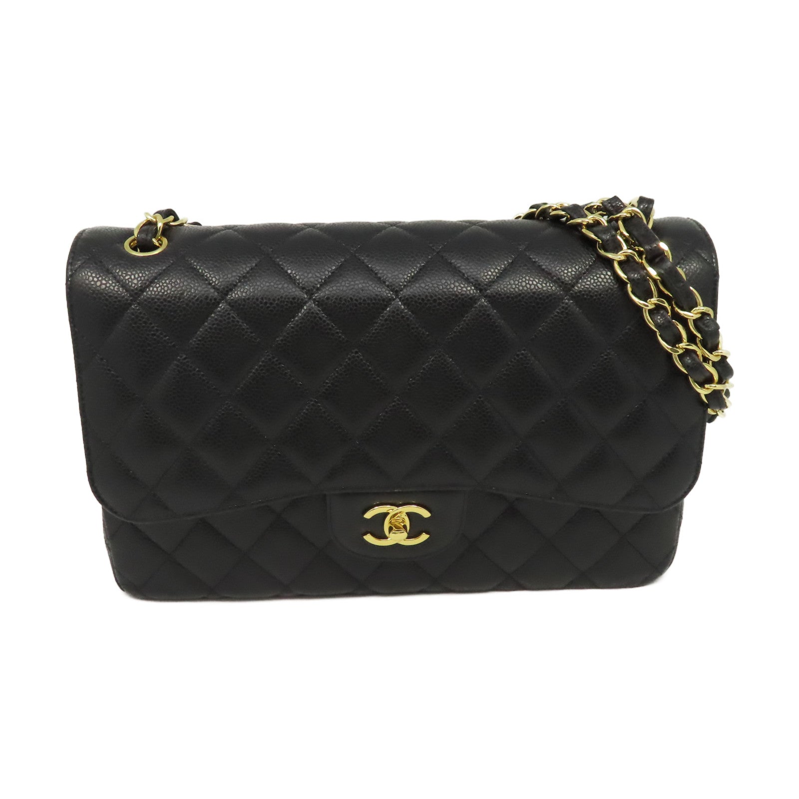 CHANEL 菱格Caviar皮革Jumbo Shoulder Bag金扣鏈帶肩背袋黑色