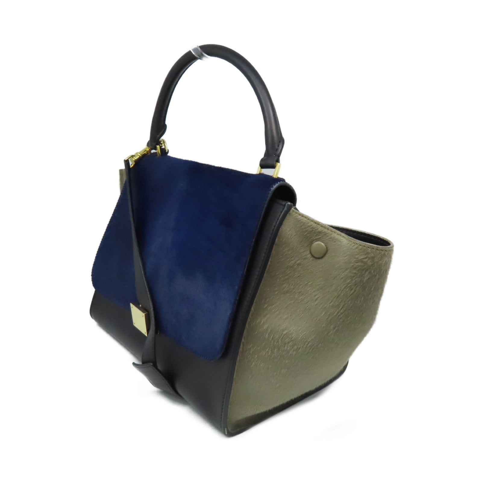 CELINE 馬毛/牛皮皮革Trapeze 2Way Shoulder Bag金扣手挽肩背兩用袋黑色/深藍色/灰色