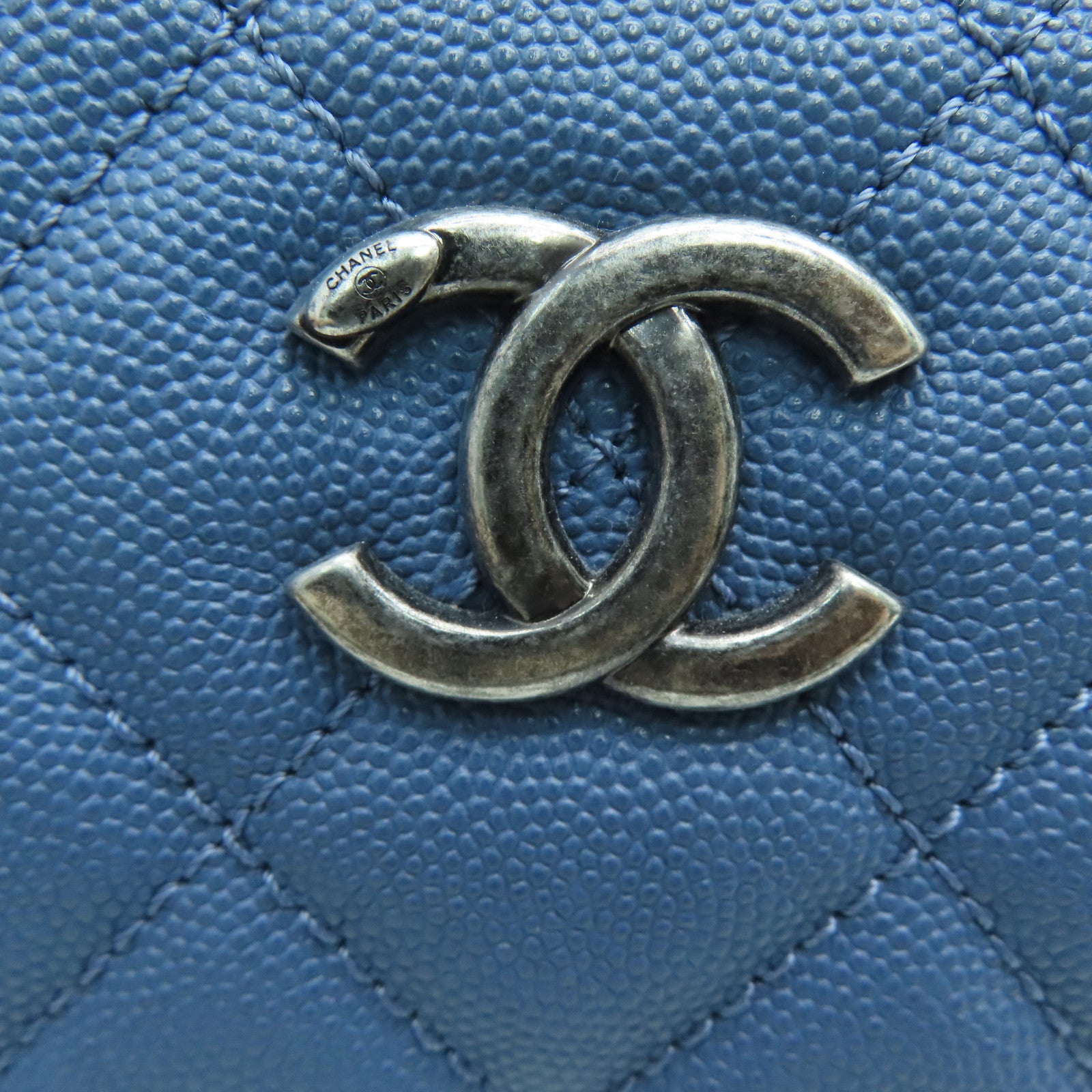 CHANEL 【激减优惠】菱格Caivar皮革2 Way Shoulder银扣手挽肩背两用袋蓝色
