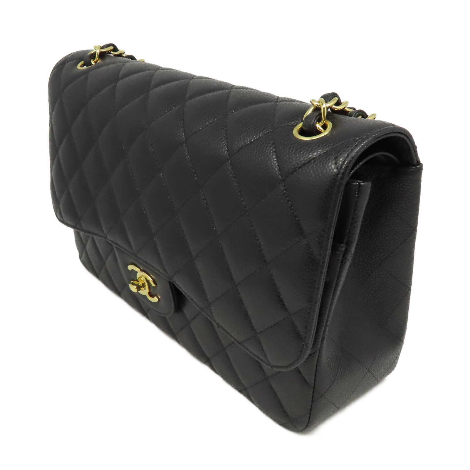 CHANEL 菱格Caviar皮革Jumbo Shoulder Bag金扣鏈帶肩背袋黑色