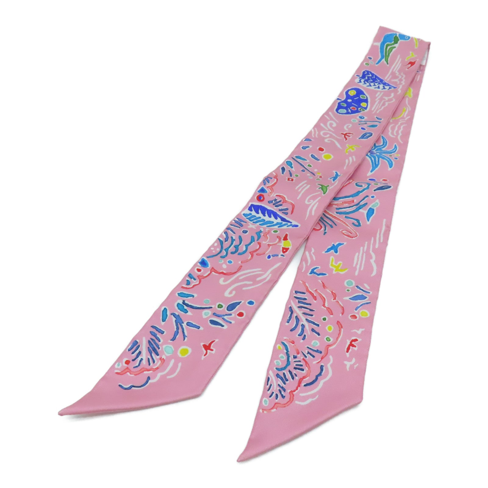 HERMES 絲質Twilly絲巾粉紅色彩色