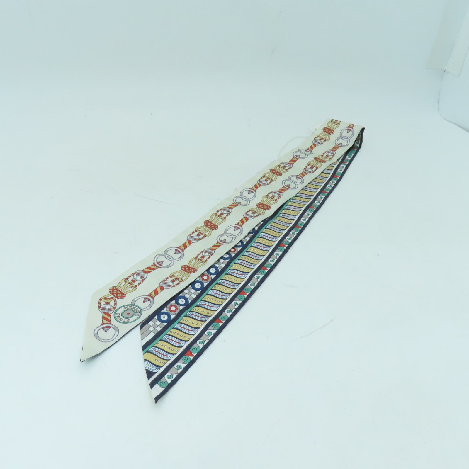 HERMES 絲質Twilly絲巾白色/藍色/彩色