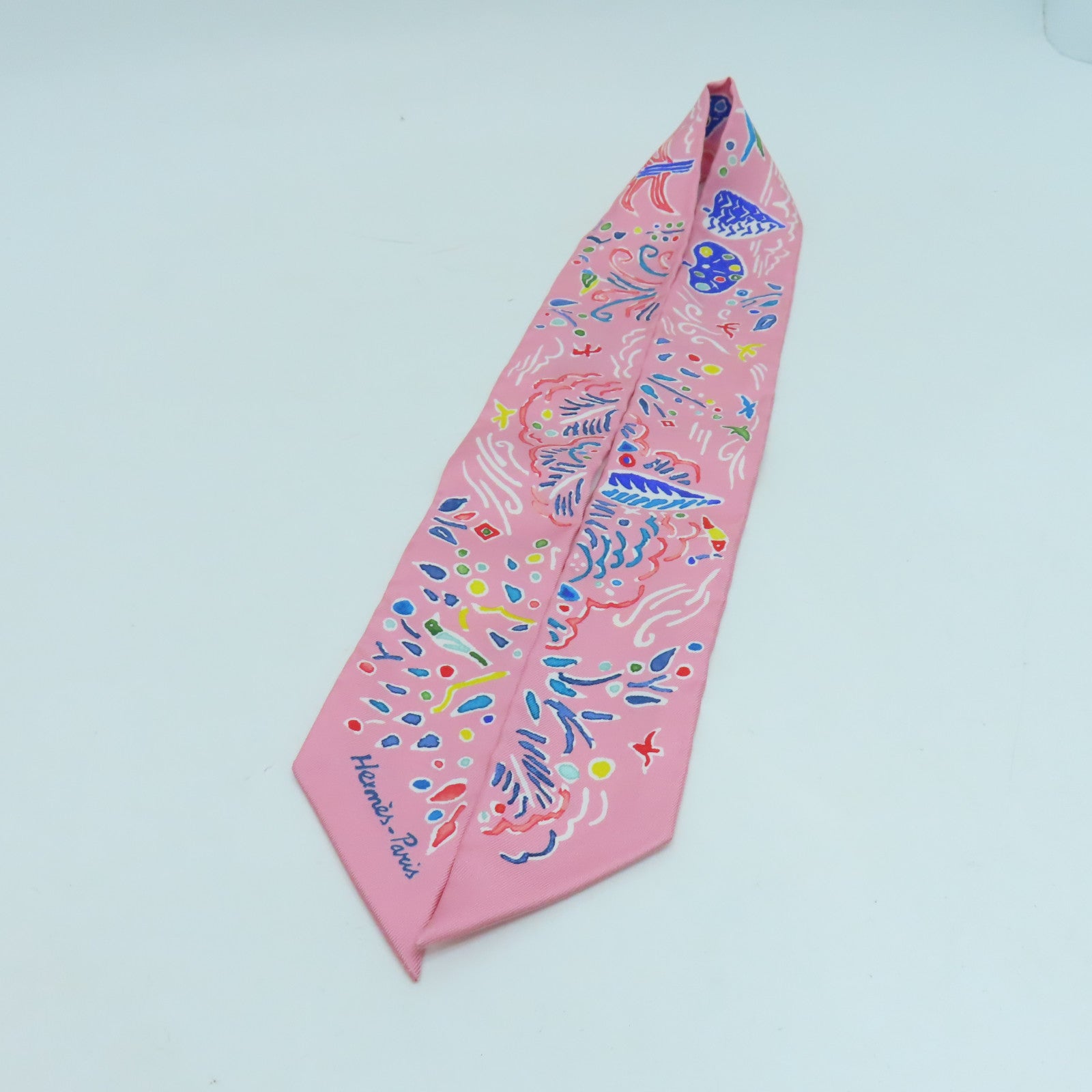 HERMES 絲質Twilly絲巾粉紅色彩色
