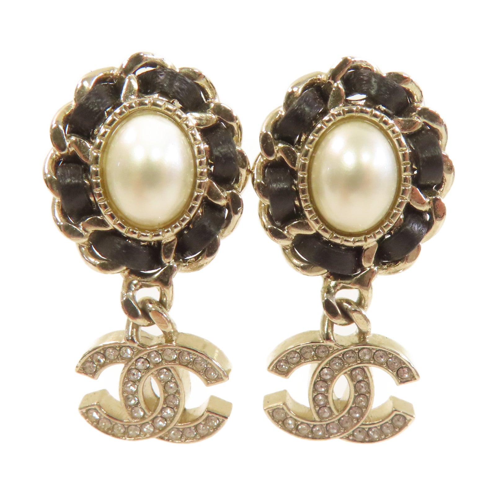 CHANEL 仿珍珠/金屬CC Earrings耳環黑色/金色/珍珠色