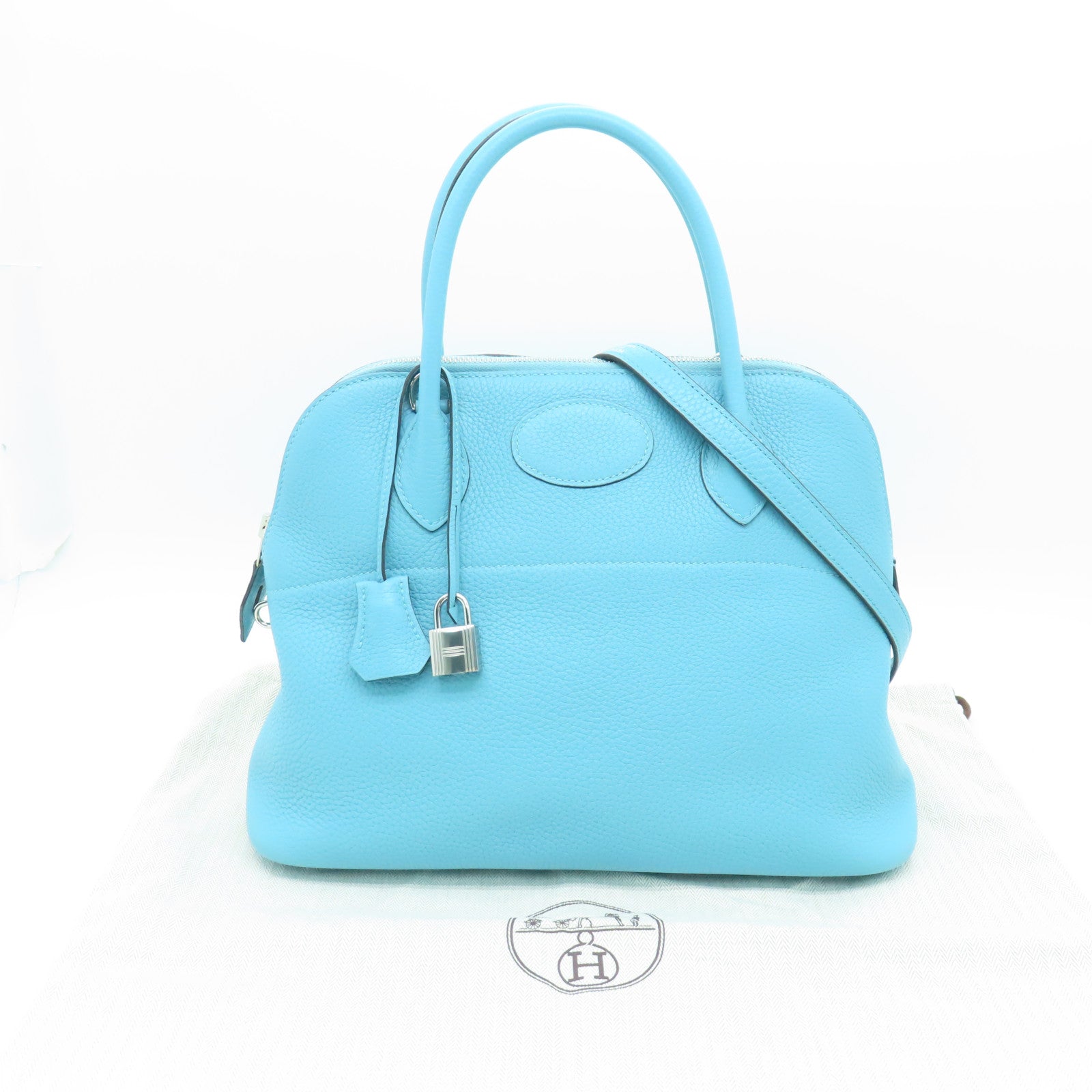 HERMES Clemence皮革Bolide 31銀扣手挽肩背兩用袋Blue Atoll淺藍色