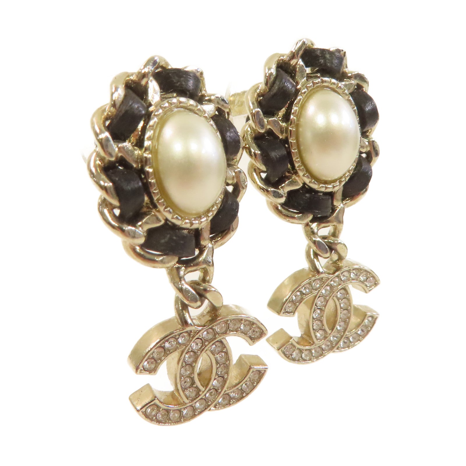 CHANEL 仿珍珠/金屬CC Earrings耳環黑色/金色/珍珠色