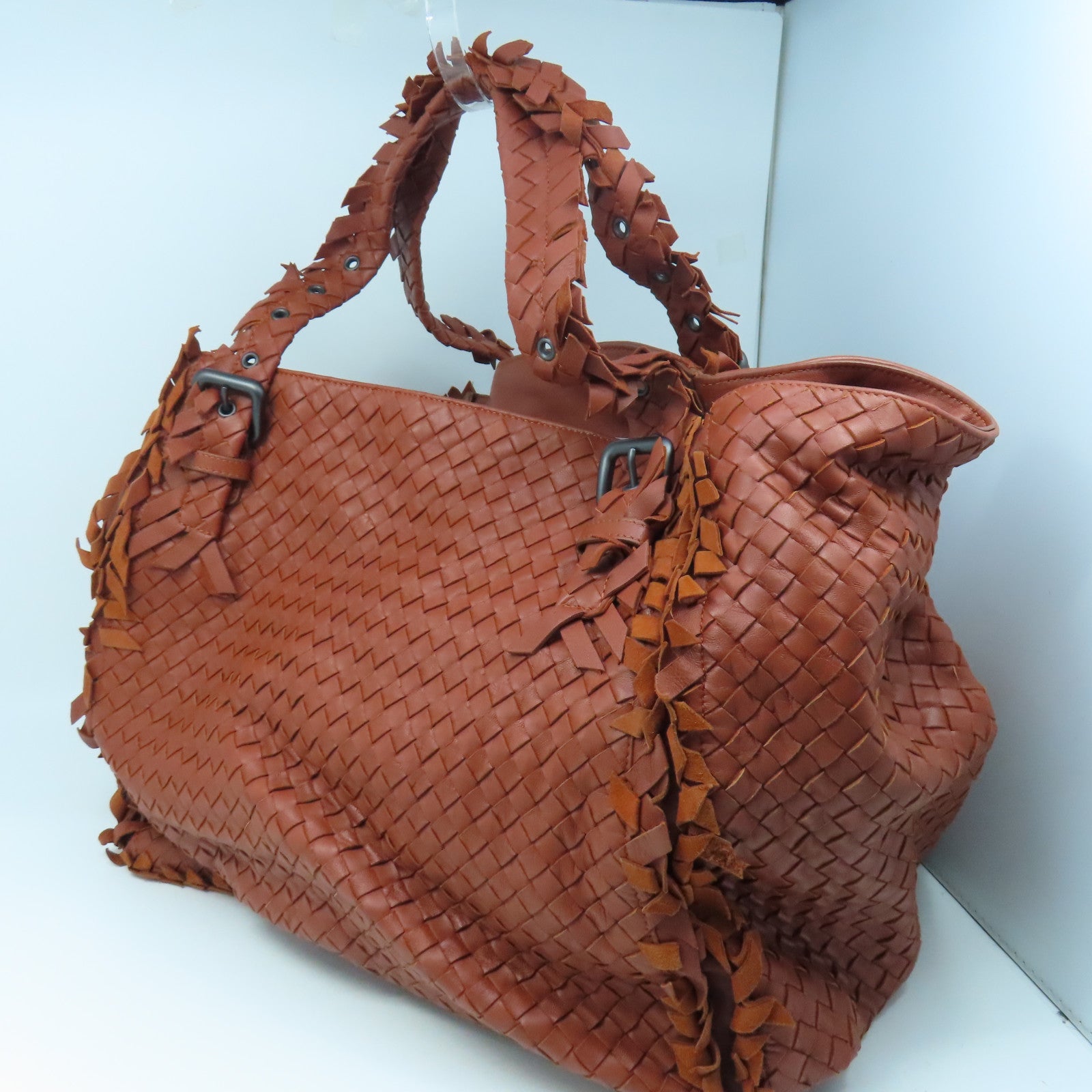 BOTTEGA VENETA Textured Leather Shoulder Bag Gold Buckle Brown