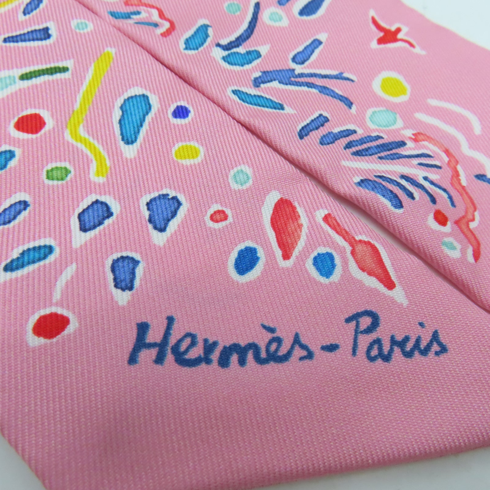 HERMES 絲質Twilly絲巾粉紅色彩色